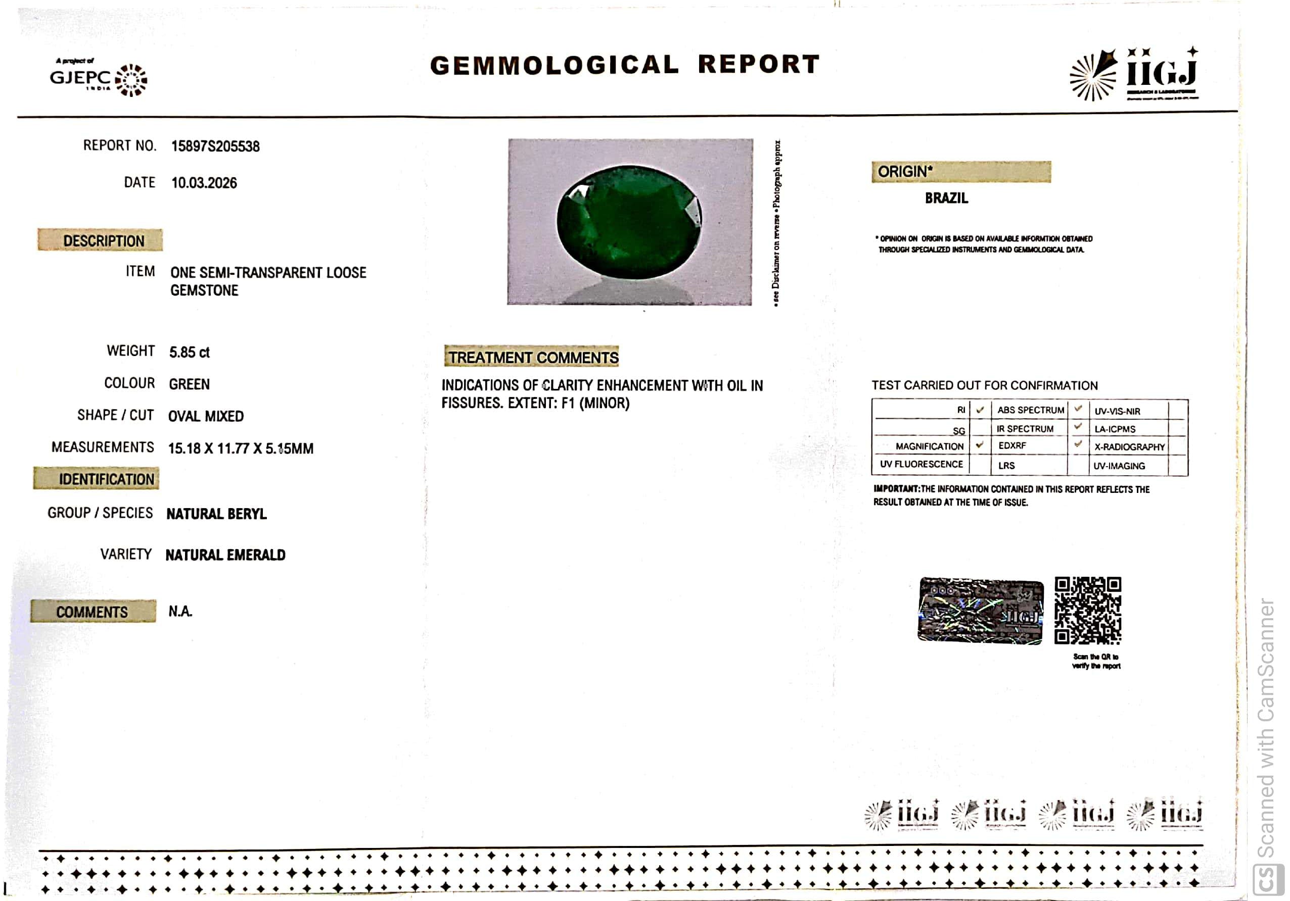 5.85/CT Natural Panna Stone with Govt. Lab Certificate-15897S205538