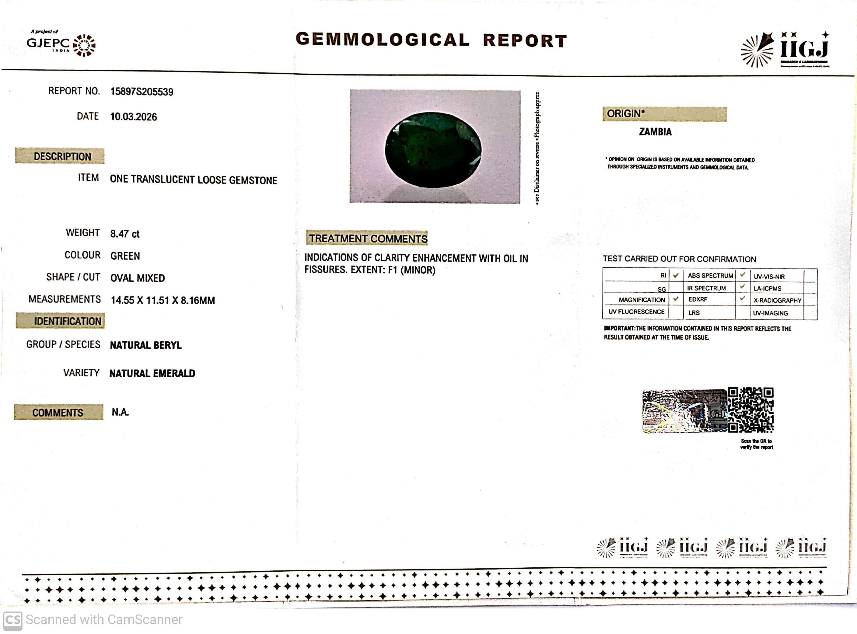 8.47/CT Natural Panna Stone with Govt. Lab Certificate-15897S205539