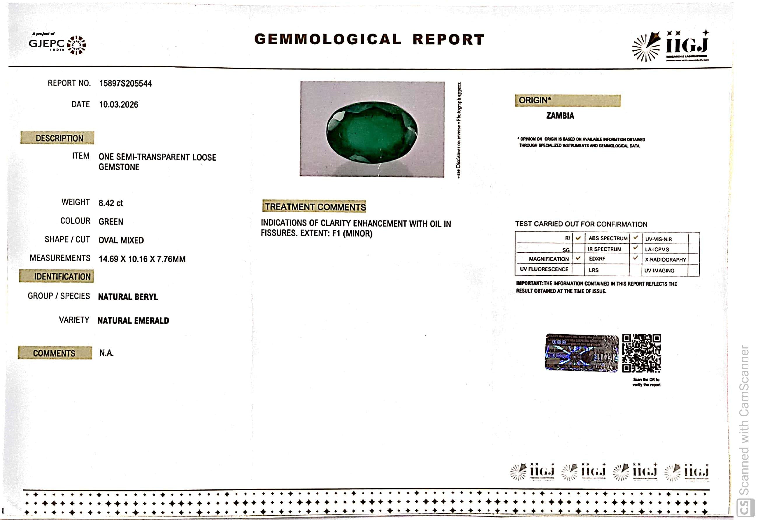 8.42/CT Natural Panna Stone with Govt. Lab Certificate-15897S205544