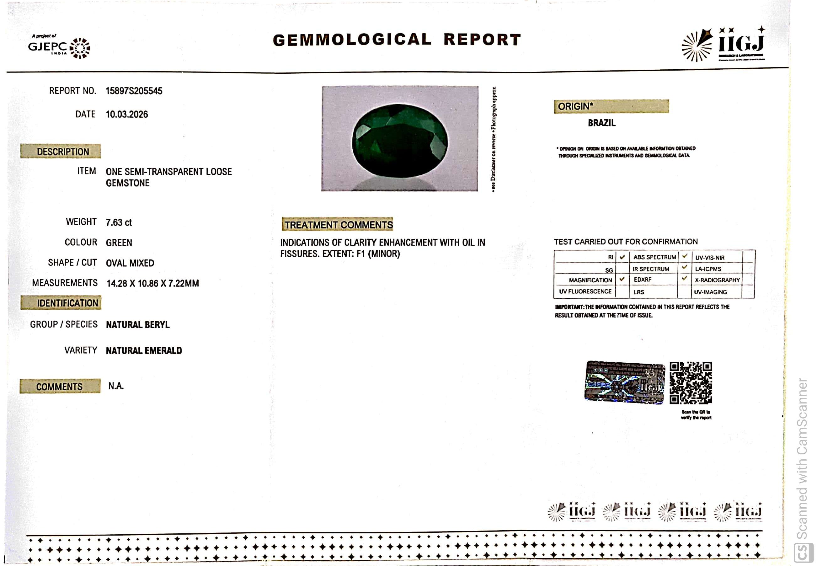 7.63/CT Natural Panna Stone with Govt. Lab Certificate-15897S205545