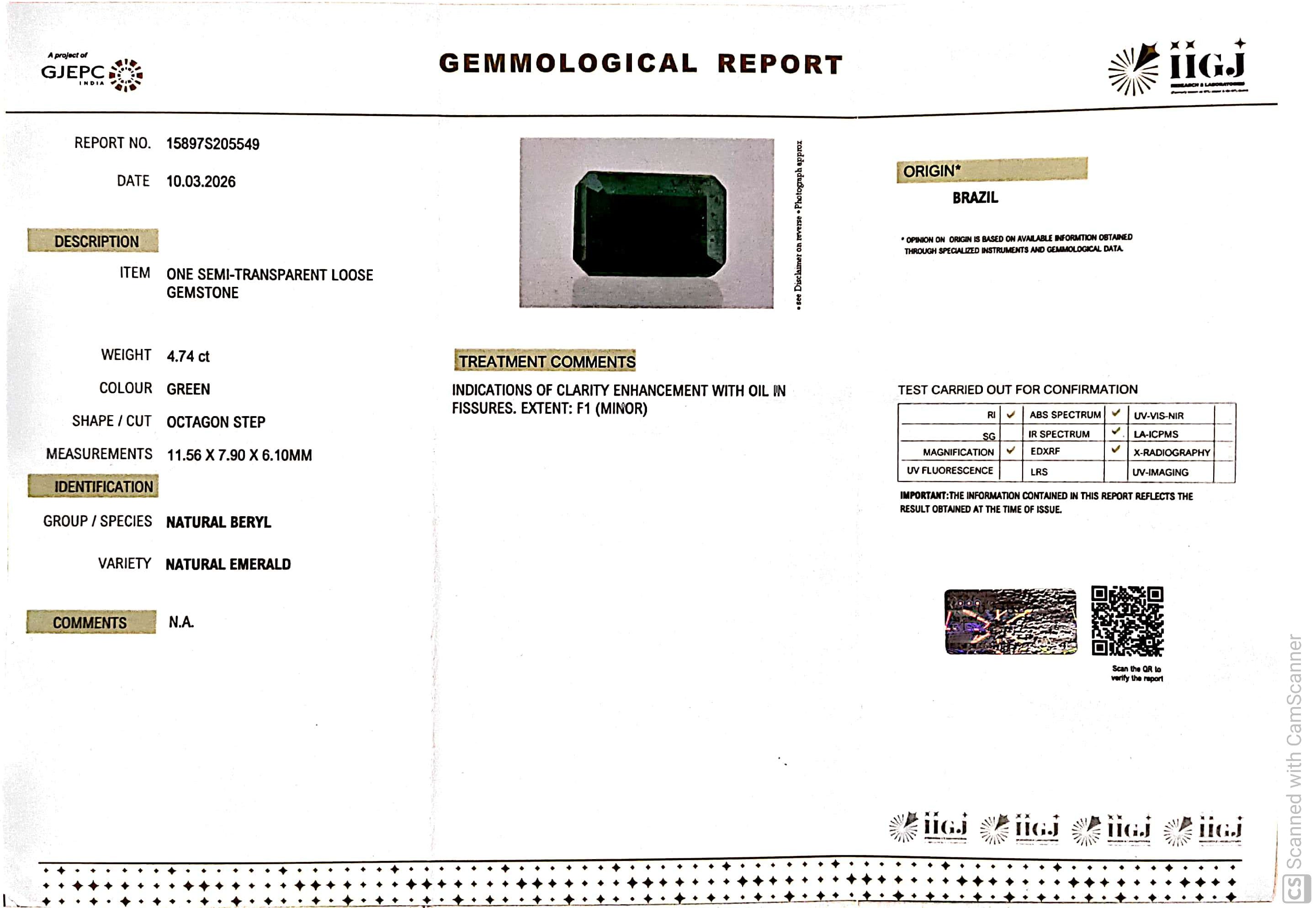 4.74/CT Natural Panna Stone with Govt. Lab Certificate-15897S205549