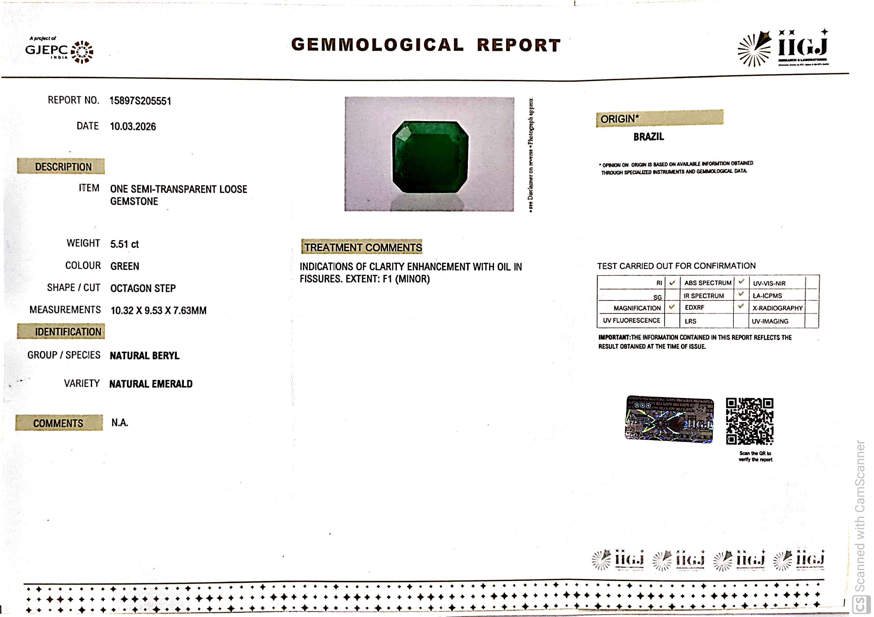 5.51/CT Natural Panna Stone with Govt. Lab Certificate-15897S205551