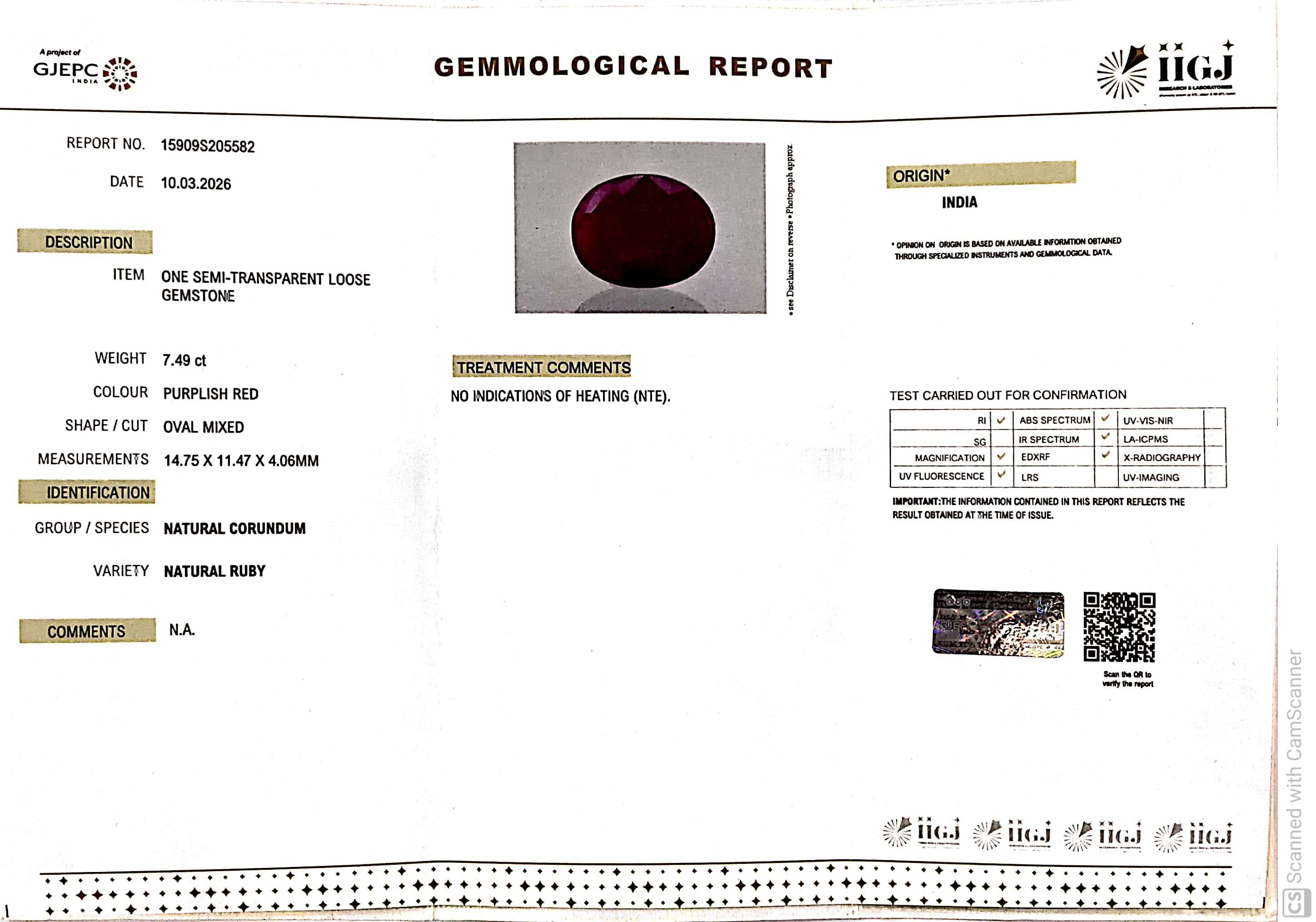 7.49/CT Natural Ruby Stone with Govt. Lab Certificate-15909S205582