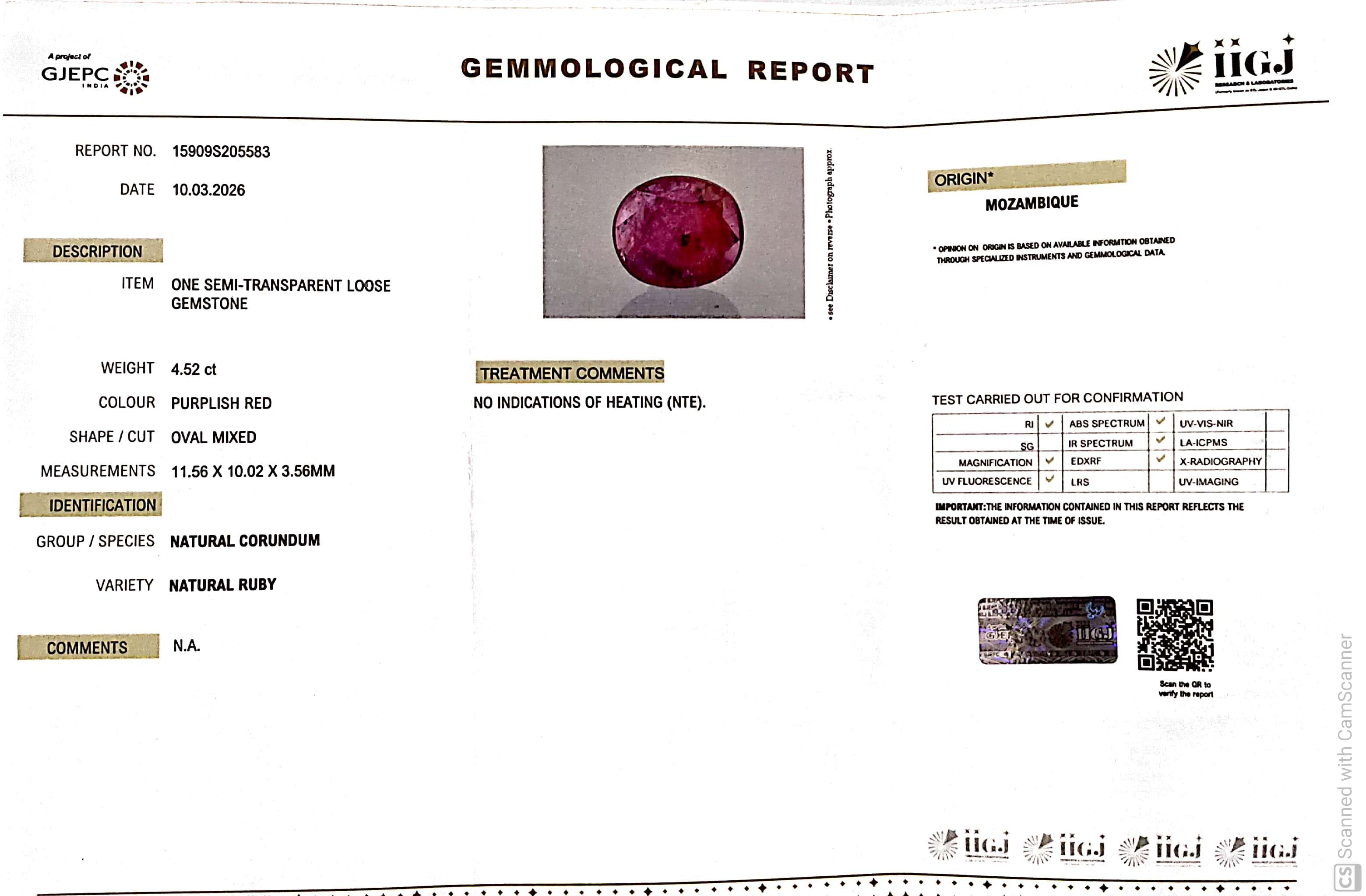 4.52/CT Natural Ruby Stone with Govt. Lab Certificate-15909S205583