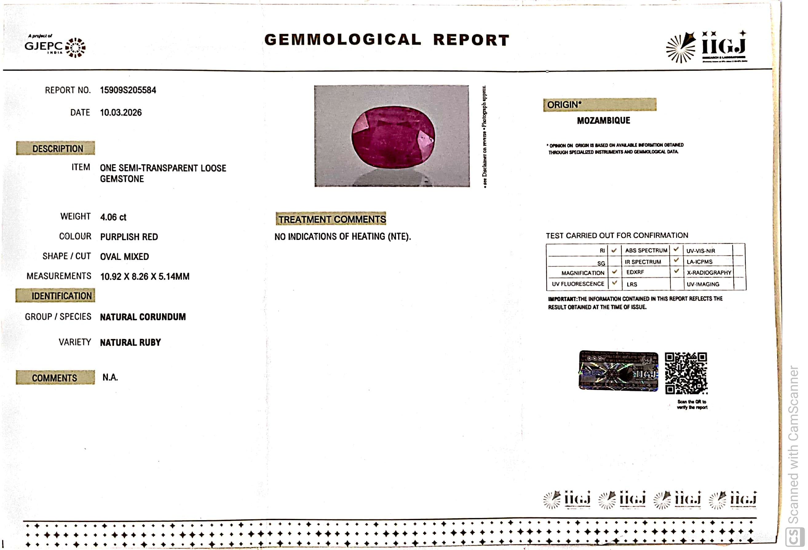 4.06/CT Natural Ruby Stone with Govt. Lab Certificate-15909S205584