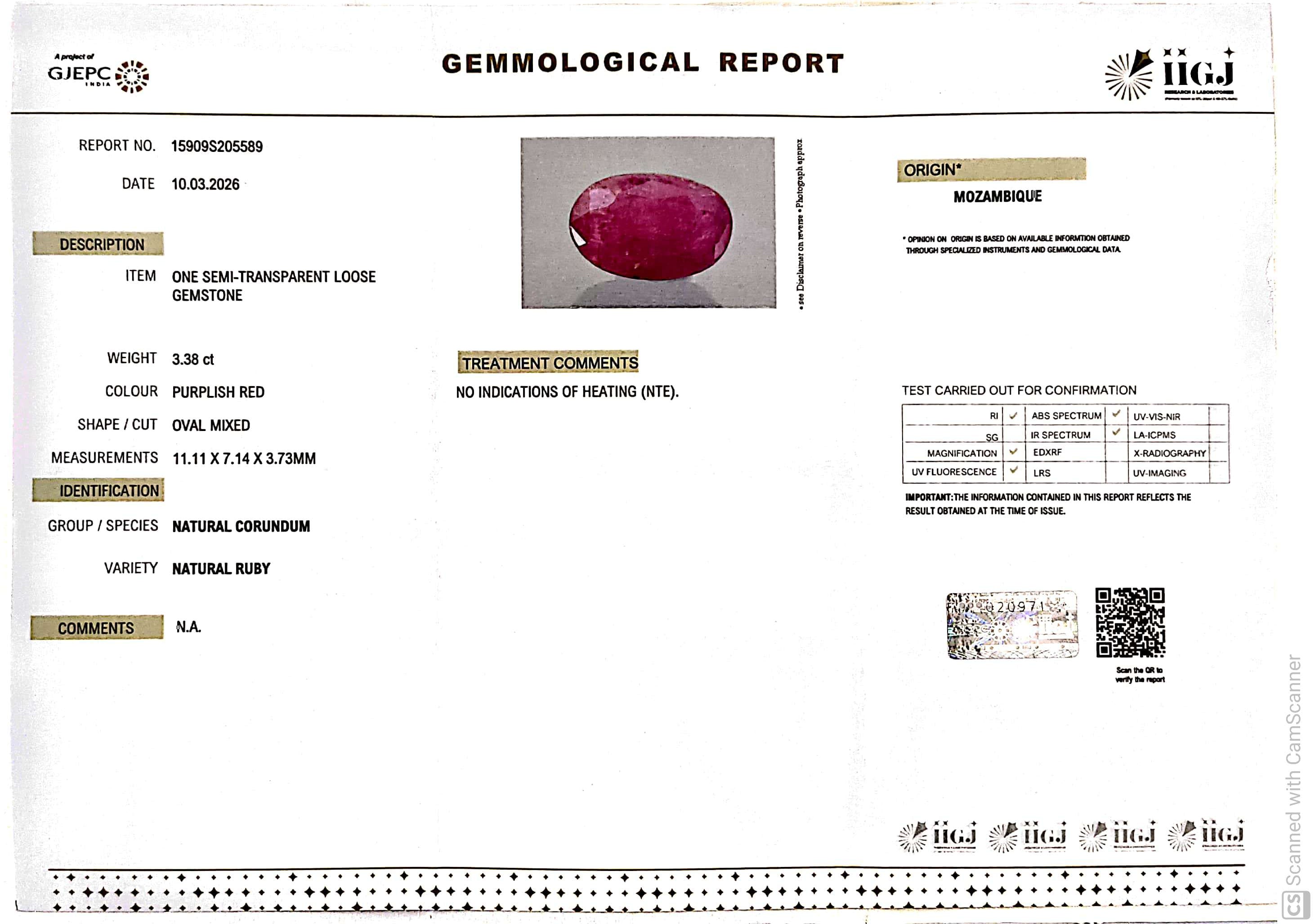 3.38/CT Natural Ruby Stone with Govt. Lab Certificate-15909S205589