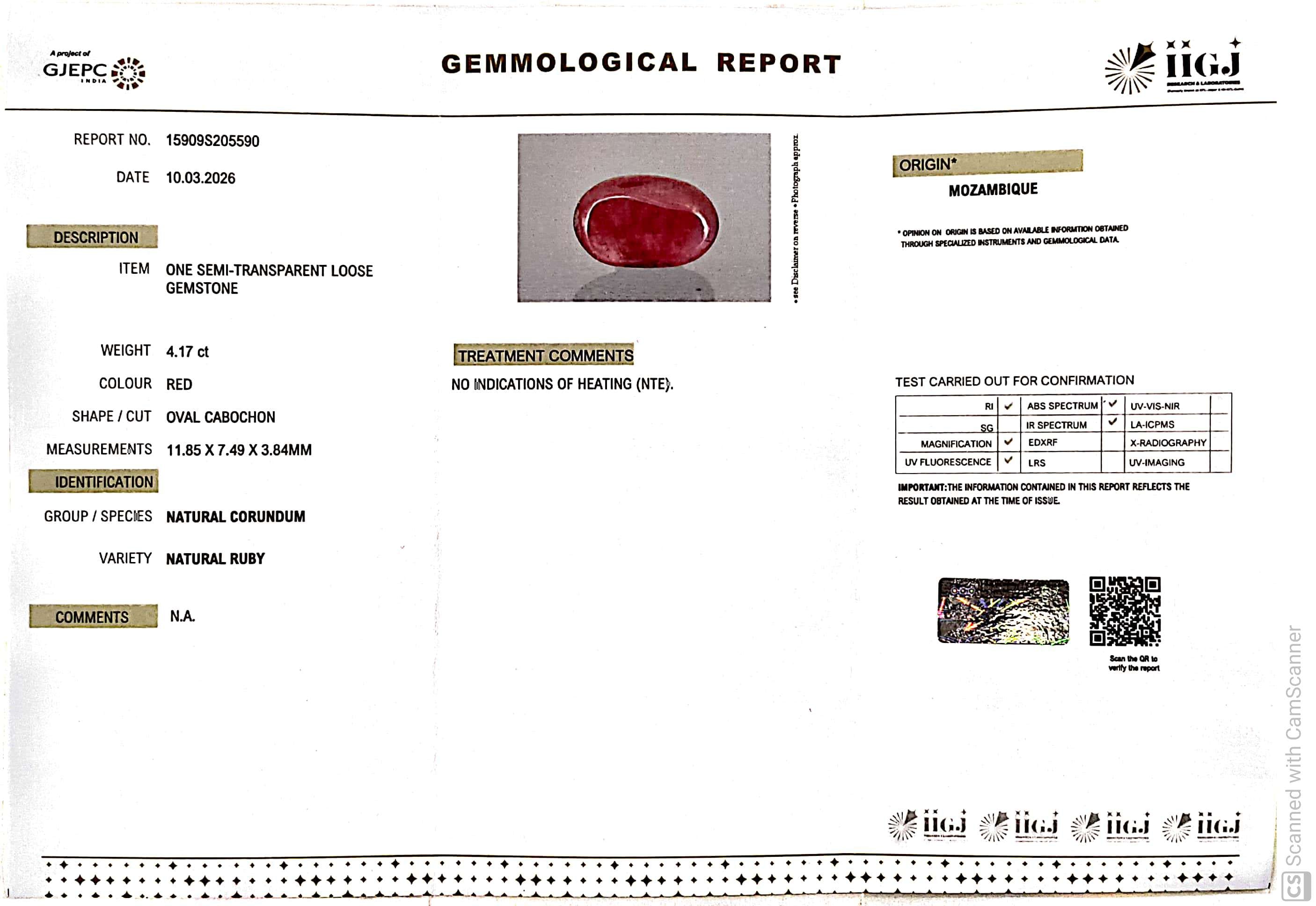 4.17/CT Natural Ruby Stone with Govt. Lab Certificate-15909S205590