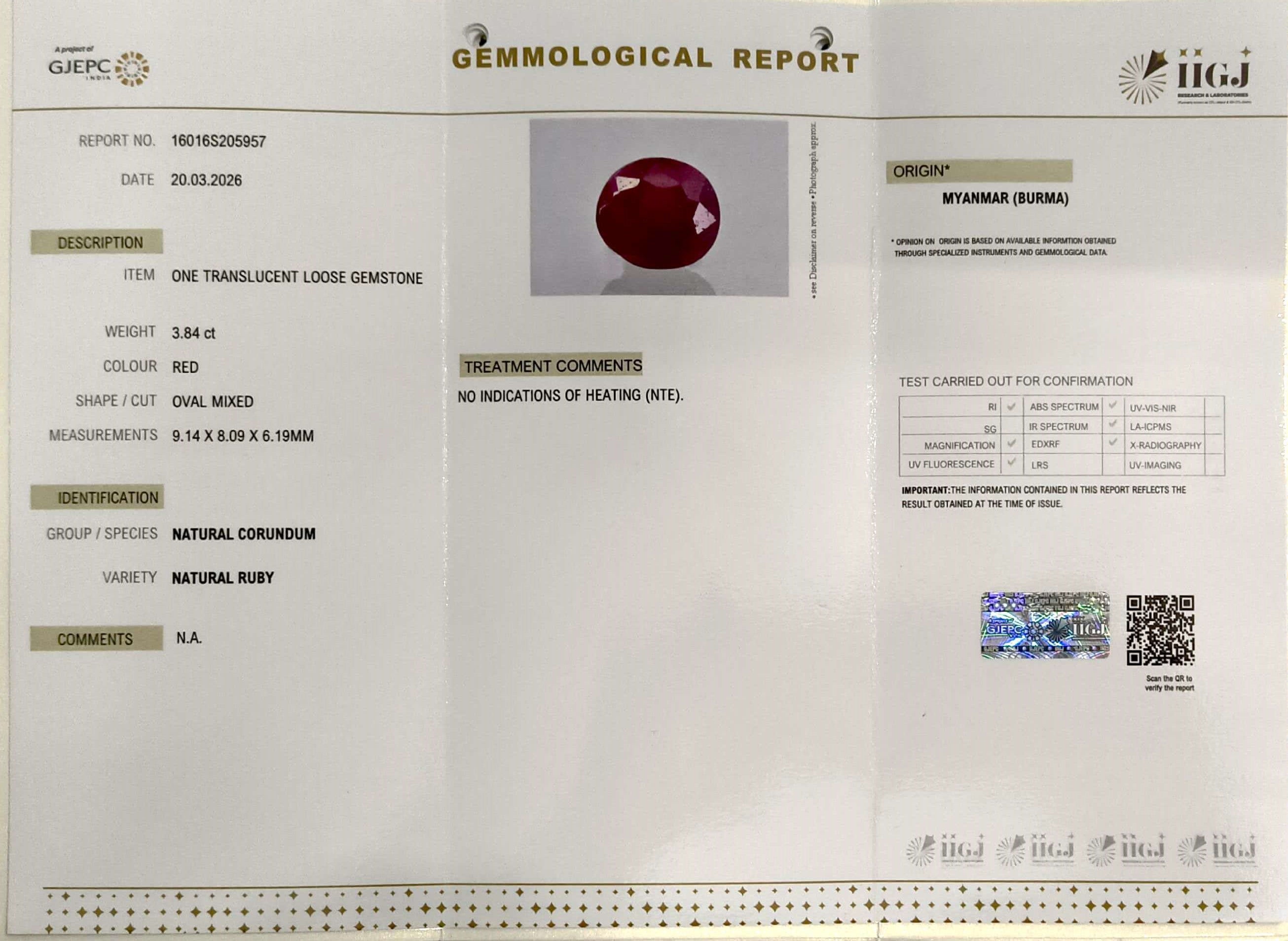 3.84/CT Natural Ruby Stone with Govt. Lab Certificate-16016S205957