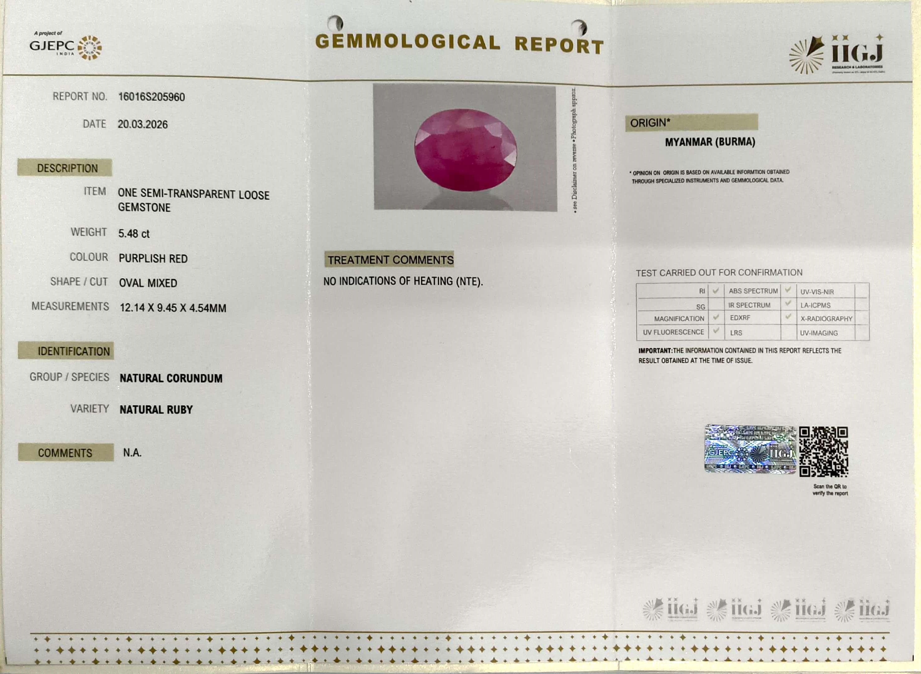 5.48/CT Natural Ruby Stone with Govt. Lab Certificate-16016S205960
