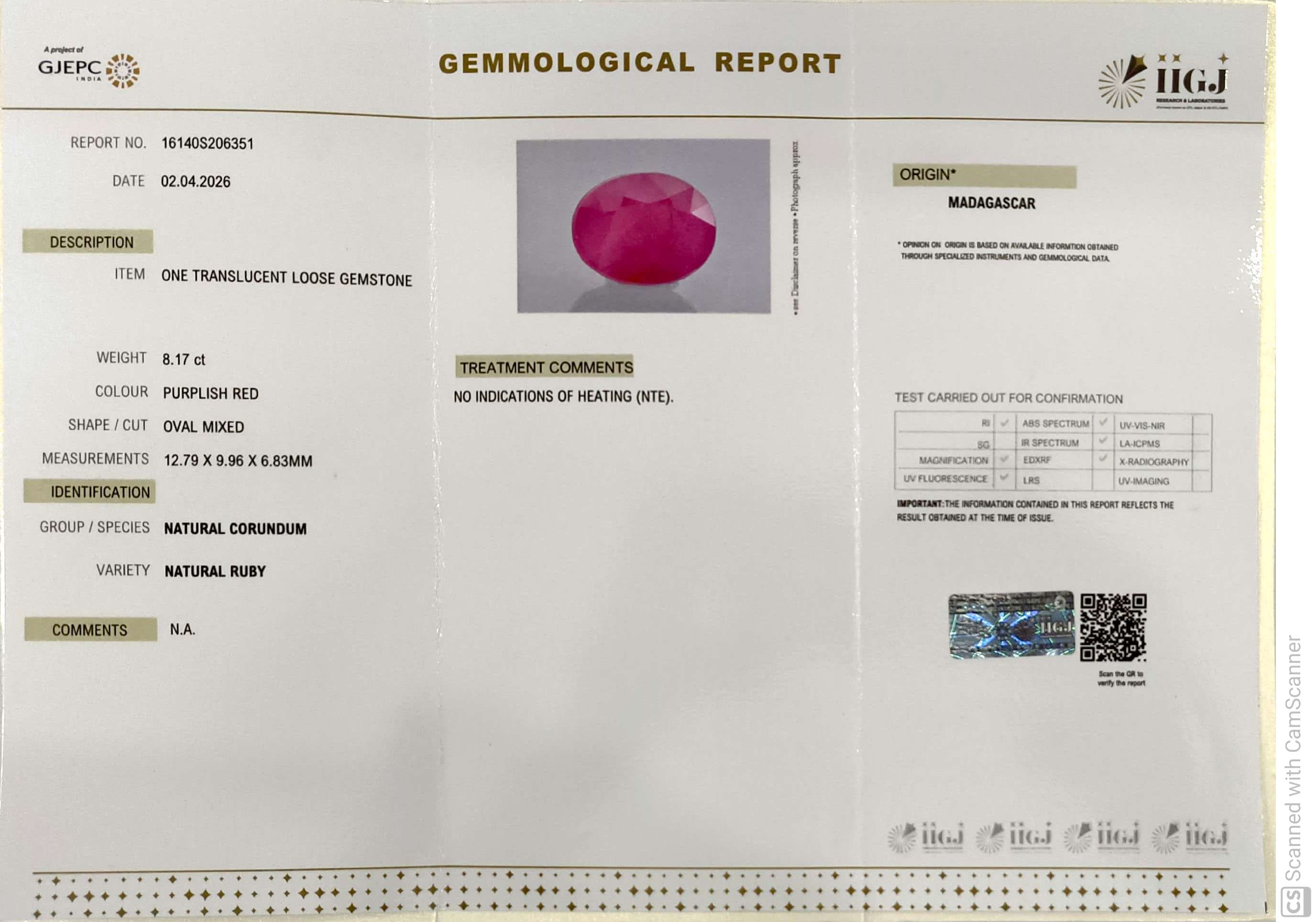 8.17/CT Natural Ruby Stone with Govt. Lab Certificate-16140S206351