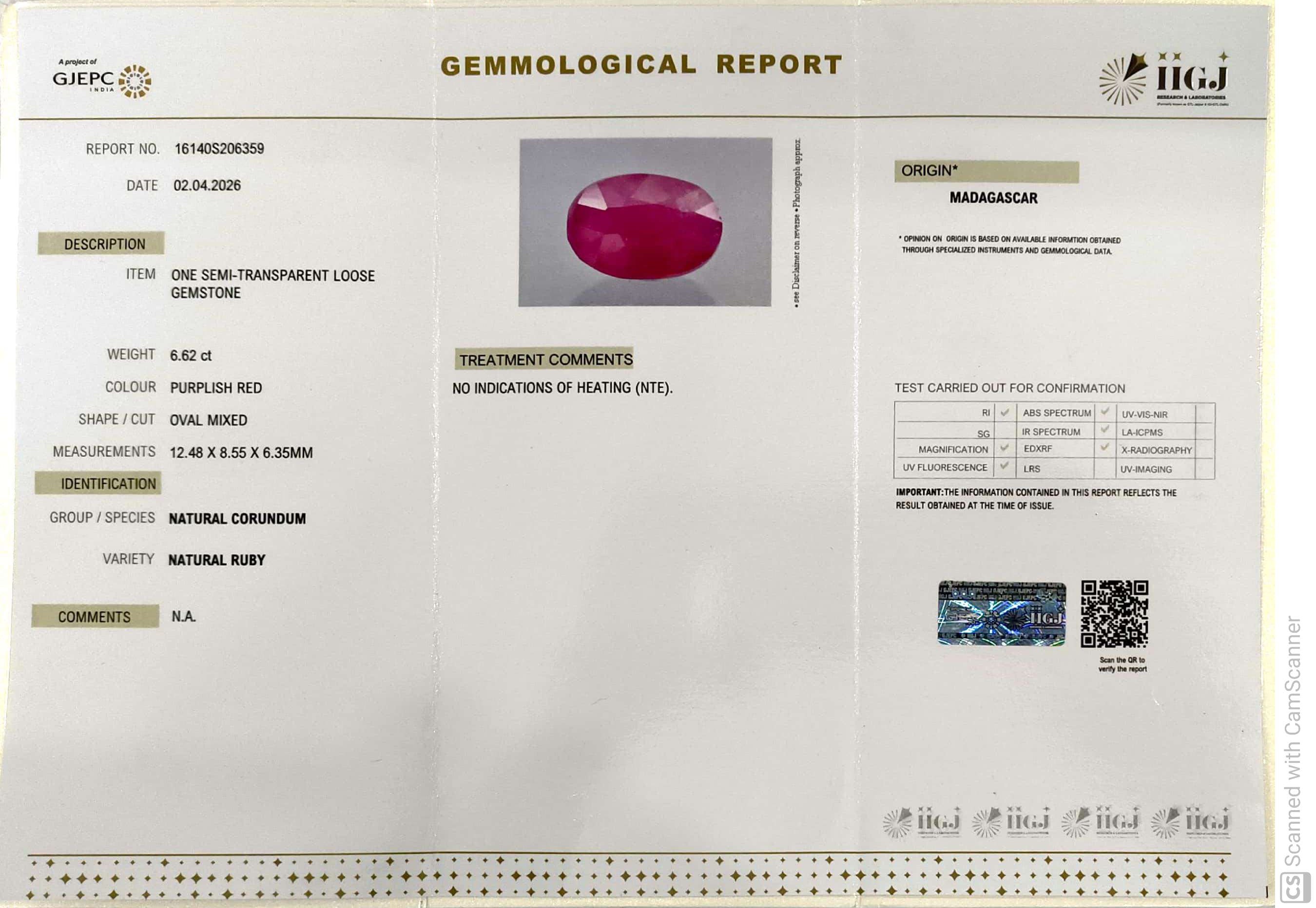 6.62/CT Natural Ruby Stone with Govt. Lab Certificate-16140S206359