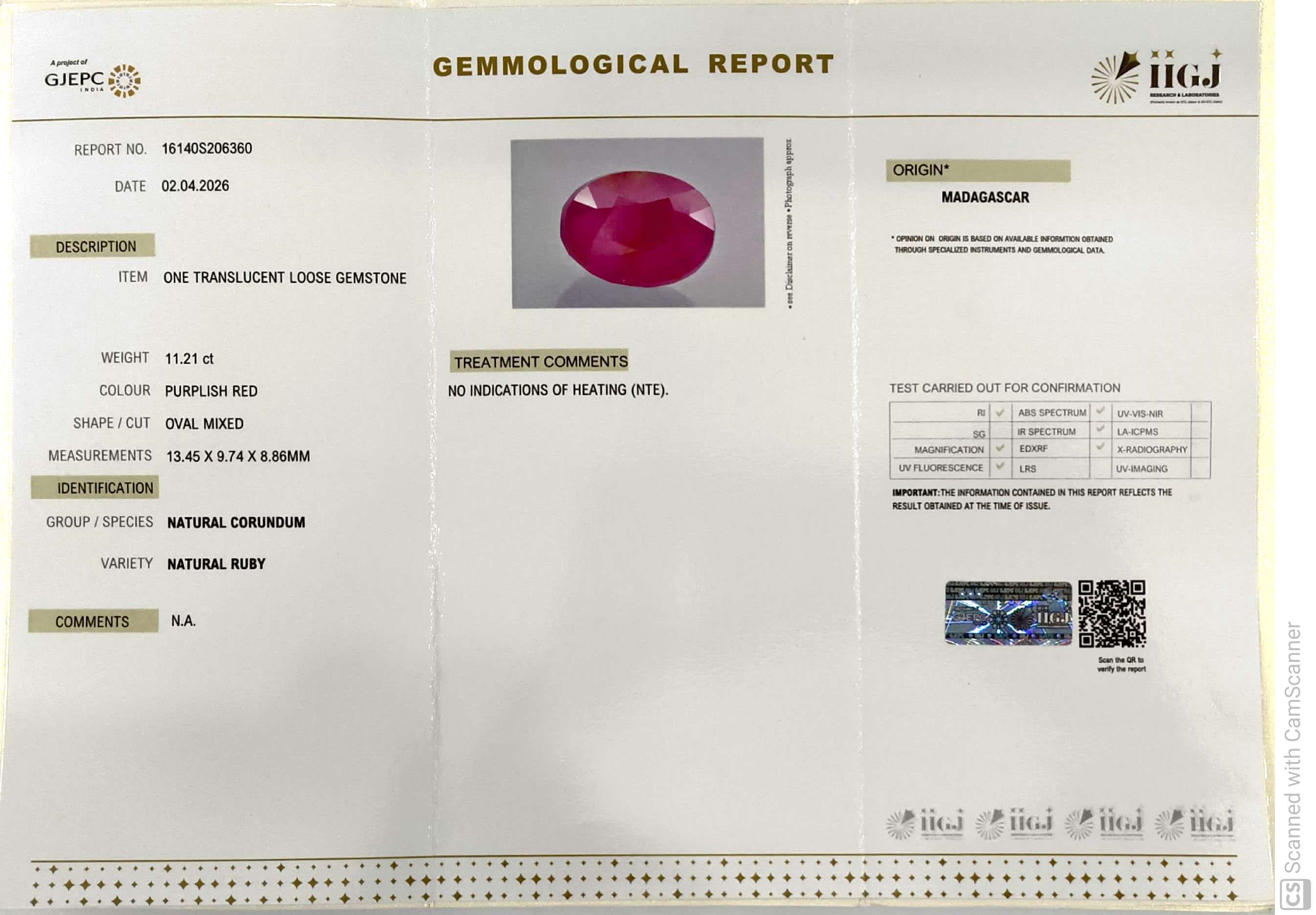 11.21/CT Natural Ruby Stone with Govt. Lab Certificate-16140S206360