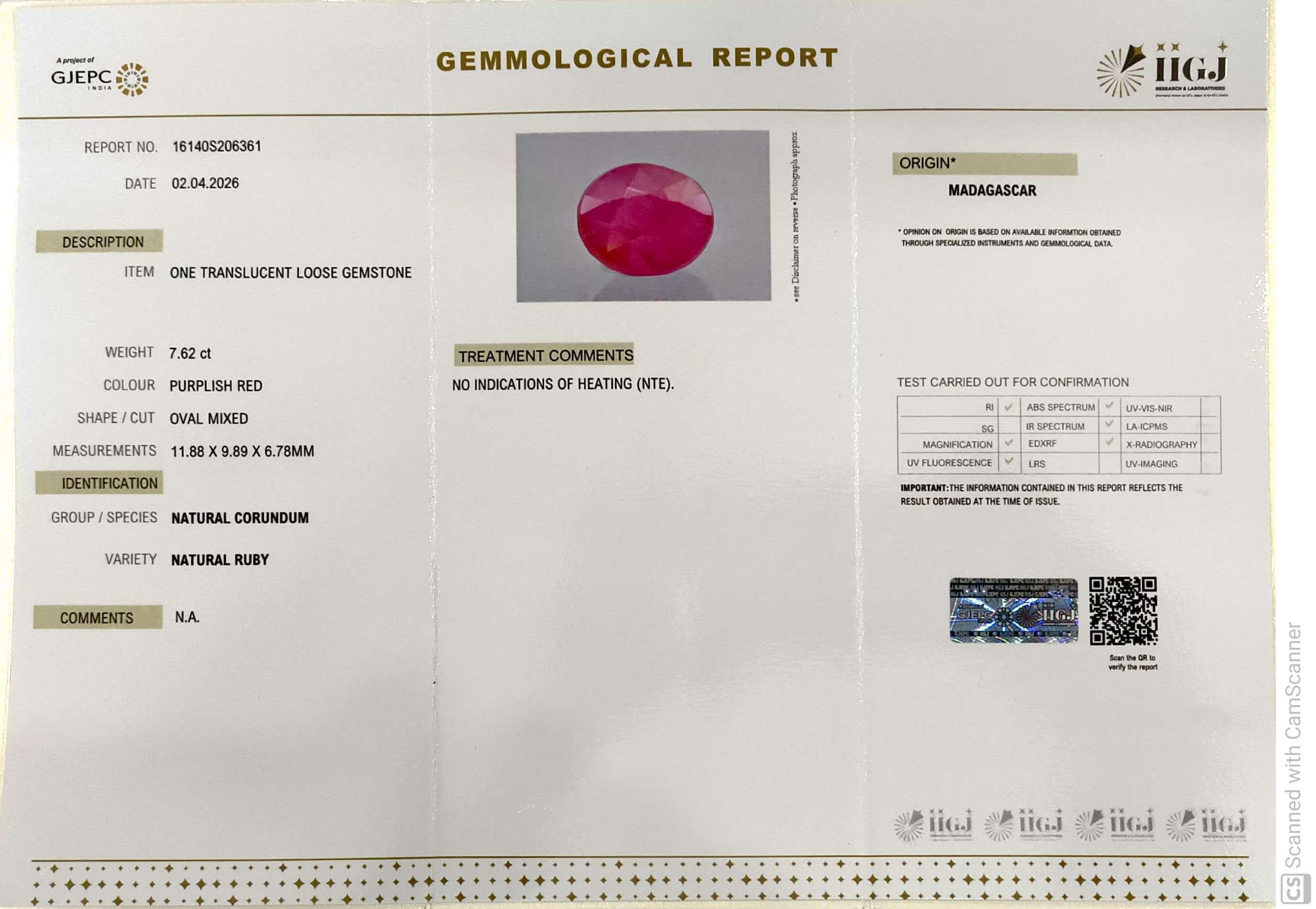 7.62/CT Natural Ruby Stone with Govt. Lab Certificate-16140S206361