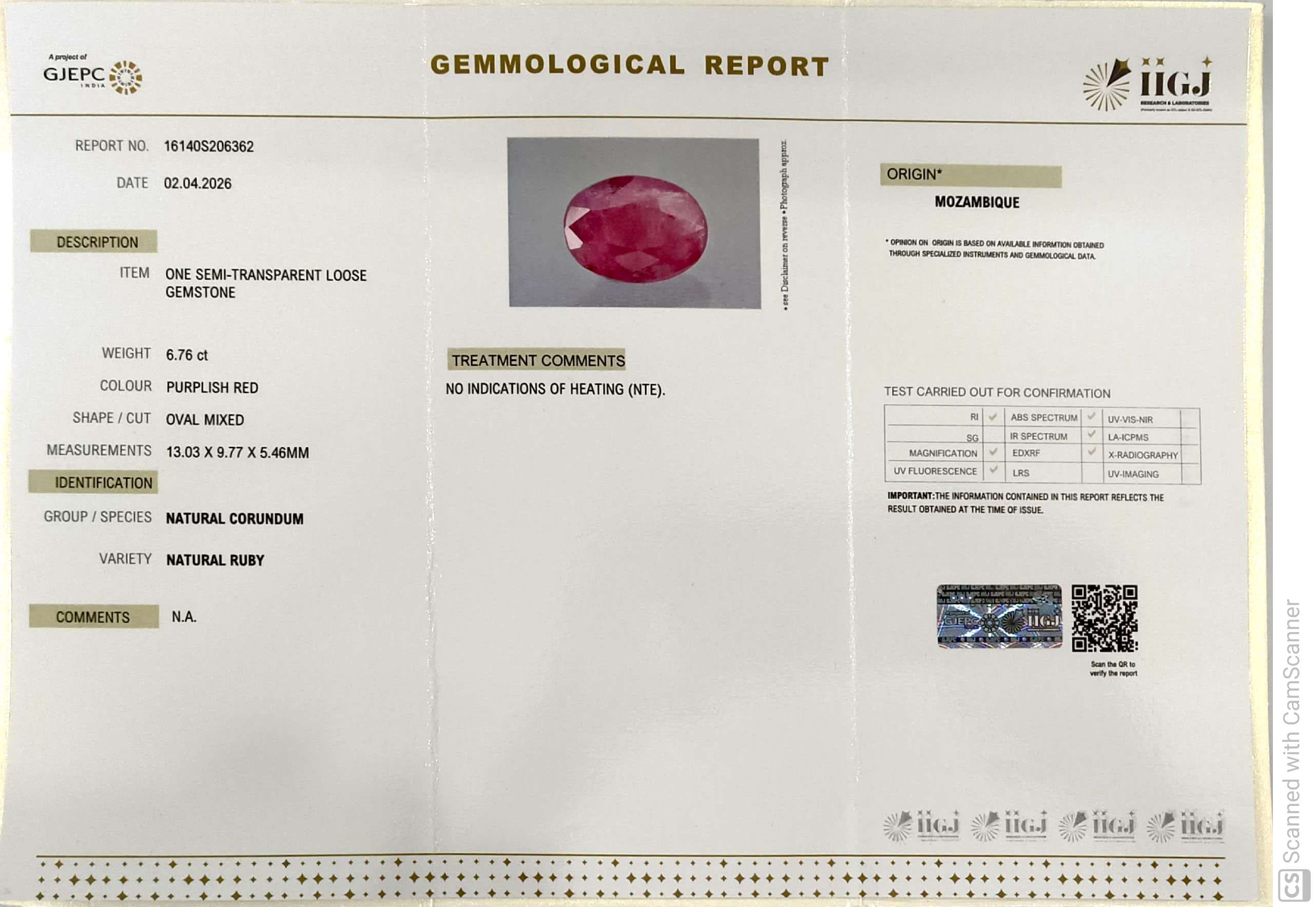 6.76/CT Natural Ruby Stone with Govt. Lab Certificate-16140S206362