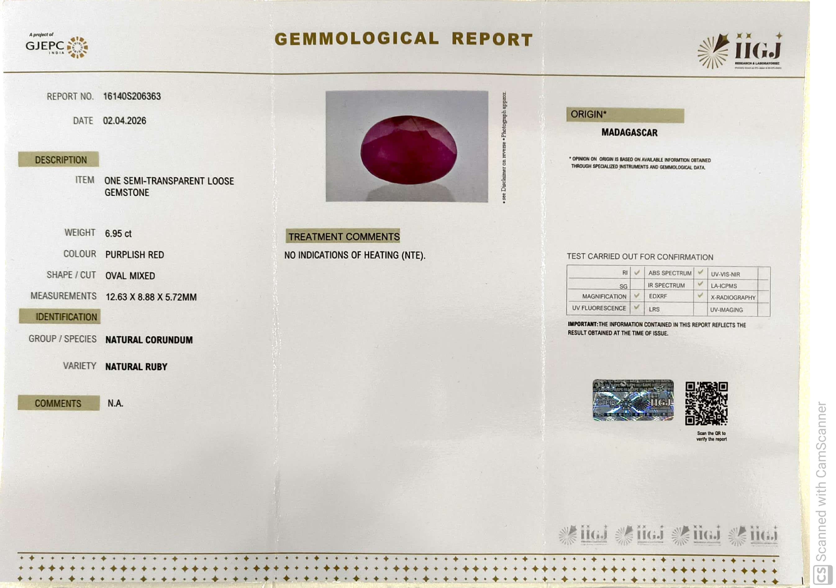 6.95/CT Natural Ruby Stone with Govt. Lab Certificate-16140S206363