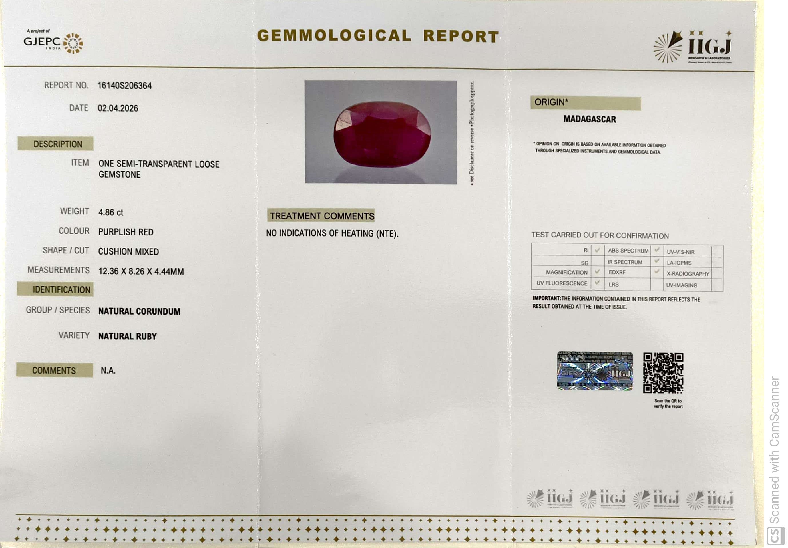 4.86/CT Natural Ruby Stone with Govt. Lab Certificate-16140S206364