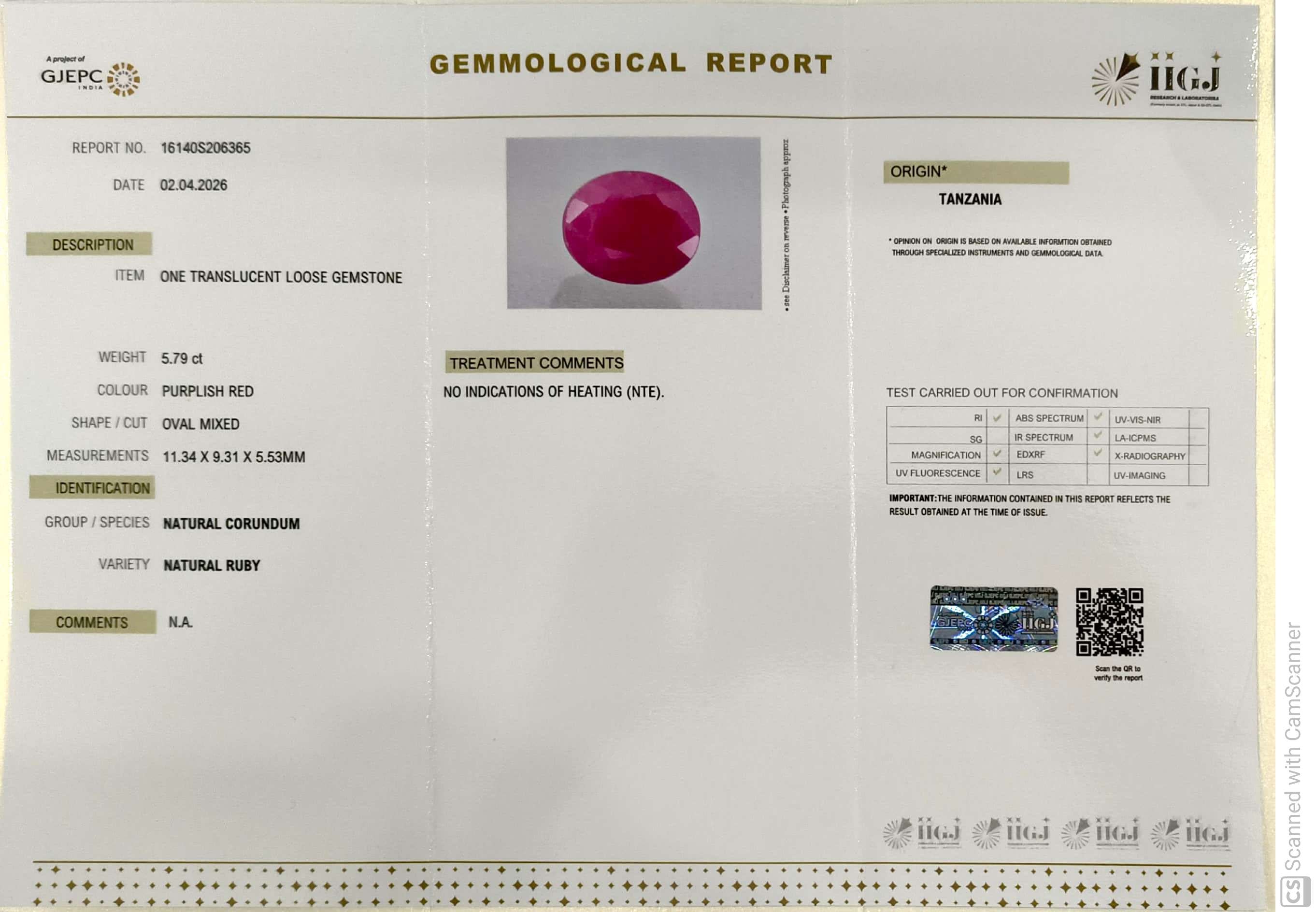 5.79/CT Natural Ruby Stone with Govt. Lab Certificate-16140S206365