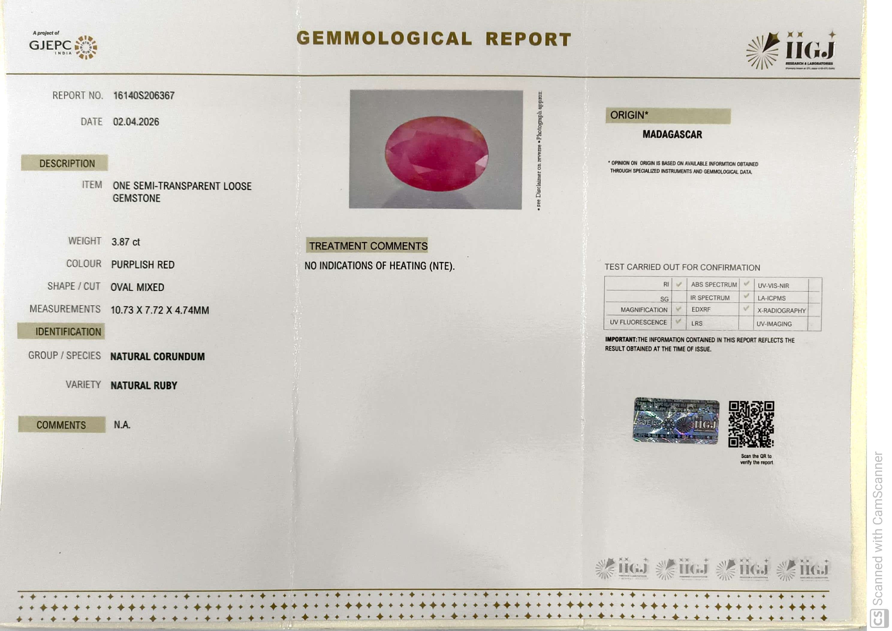 3.87/CT Natural Ruby Stone with Govt. Lab Certificate-16140S206367