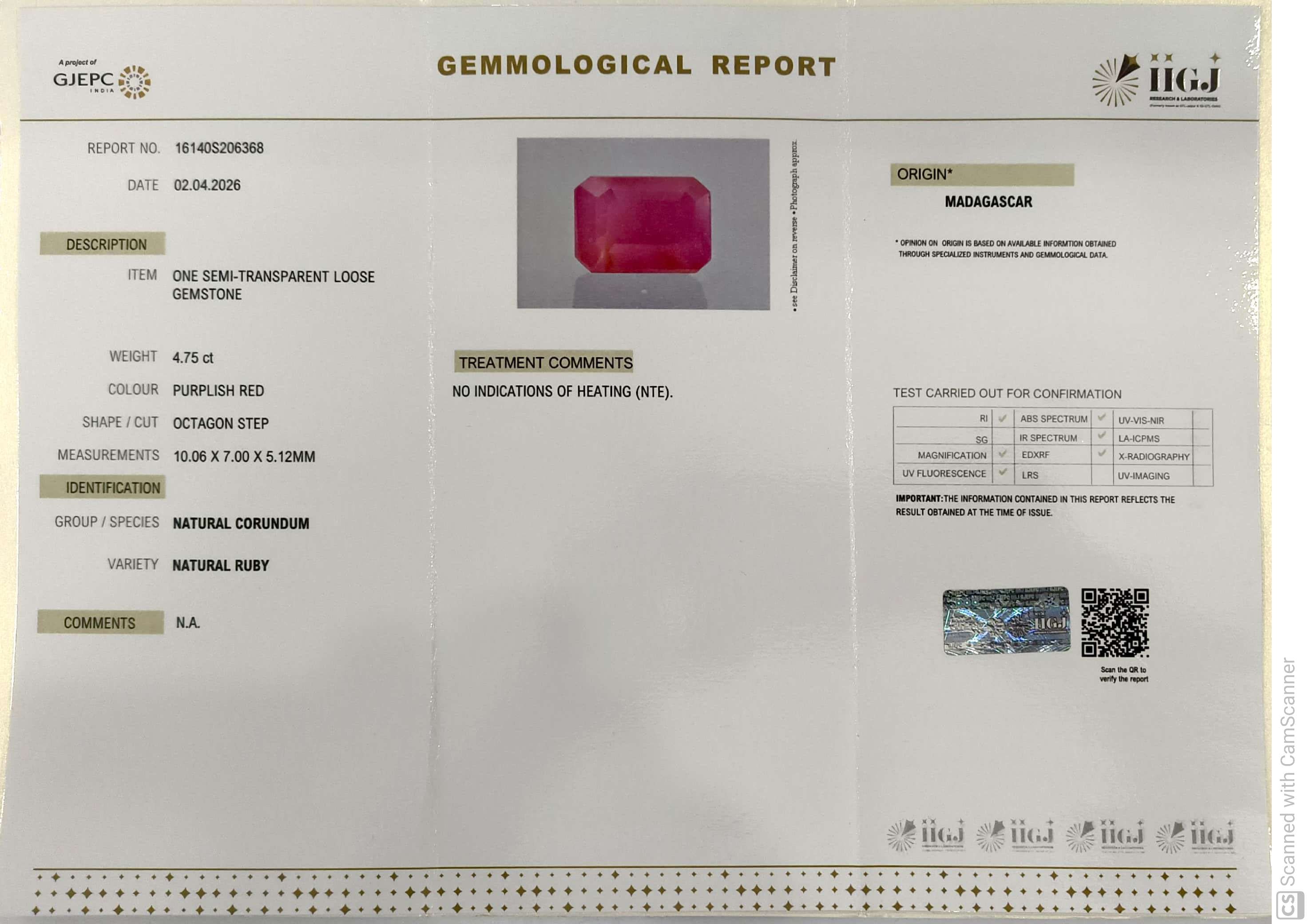 4.75/CT Natural Ruby Stone with Govt. Lab Certificate-16140S206368