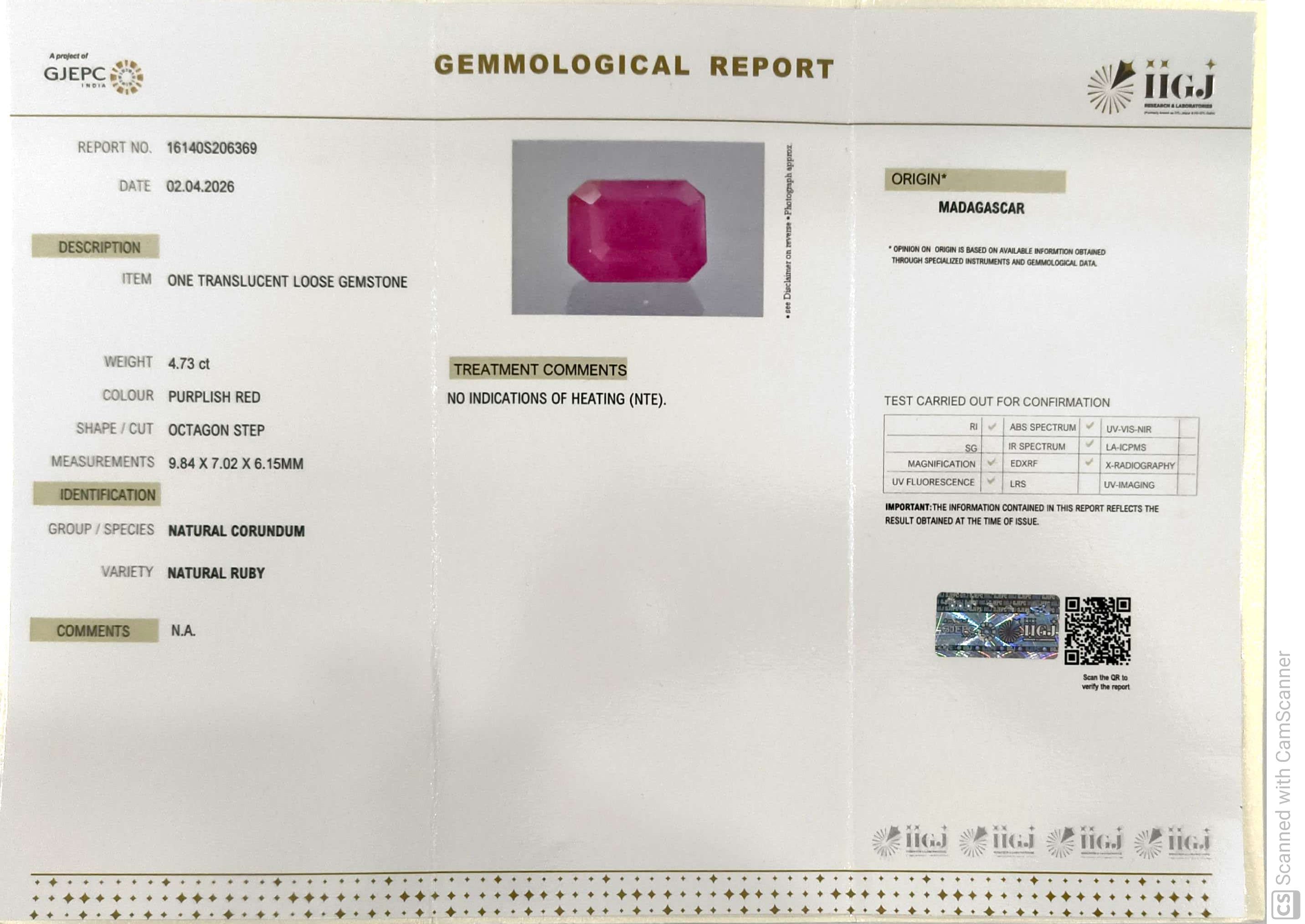 4.73/CT Natural Ruby Stone with Govt. Lab Certificate-16140S206369