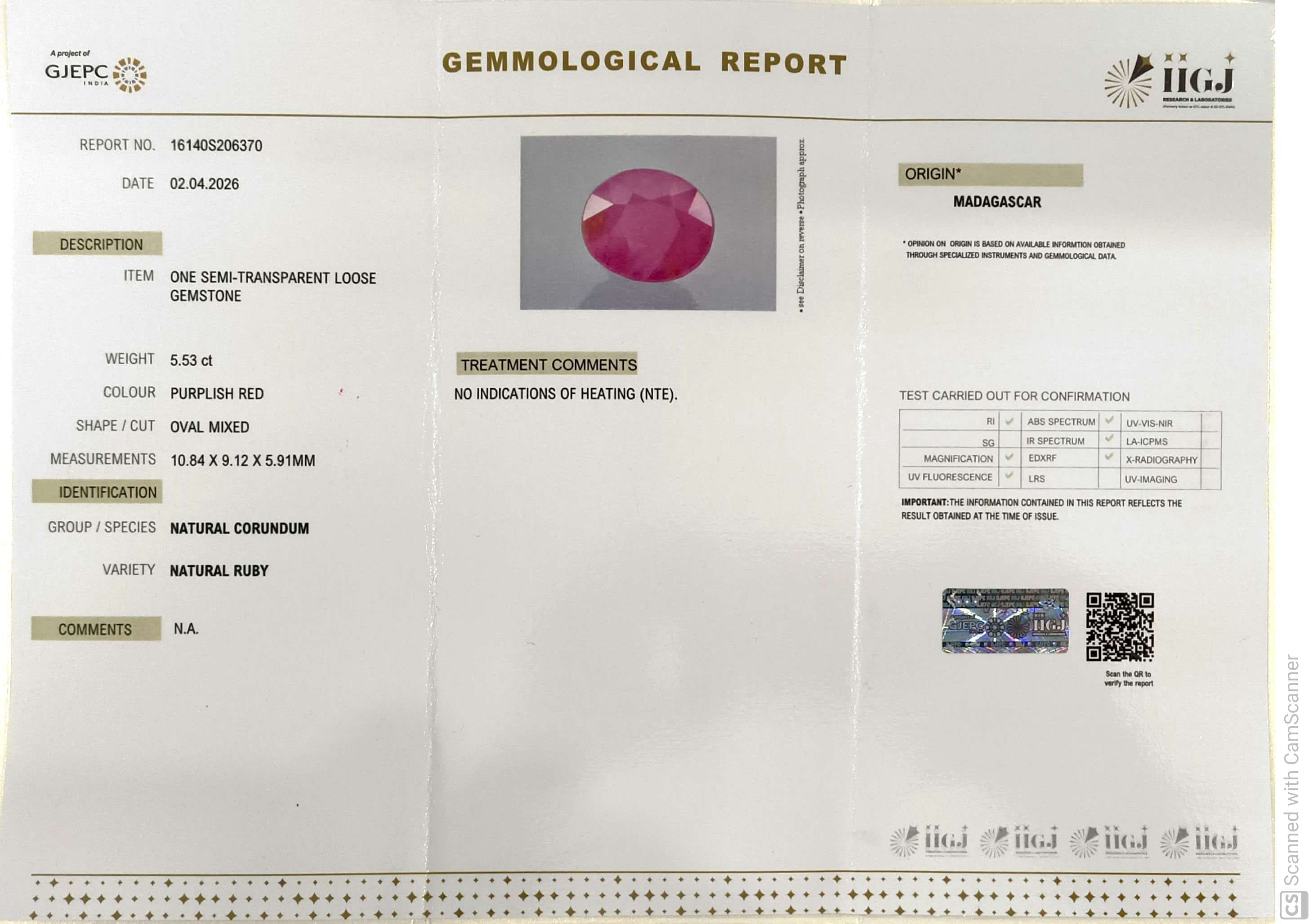 5.53/CT Natural Ruby Stone with Govt. Lab Certificate-16140S206370