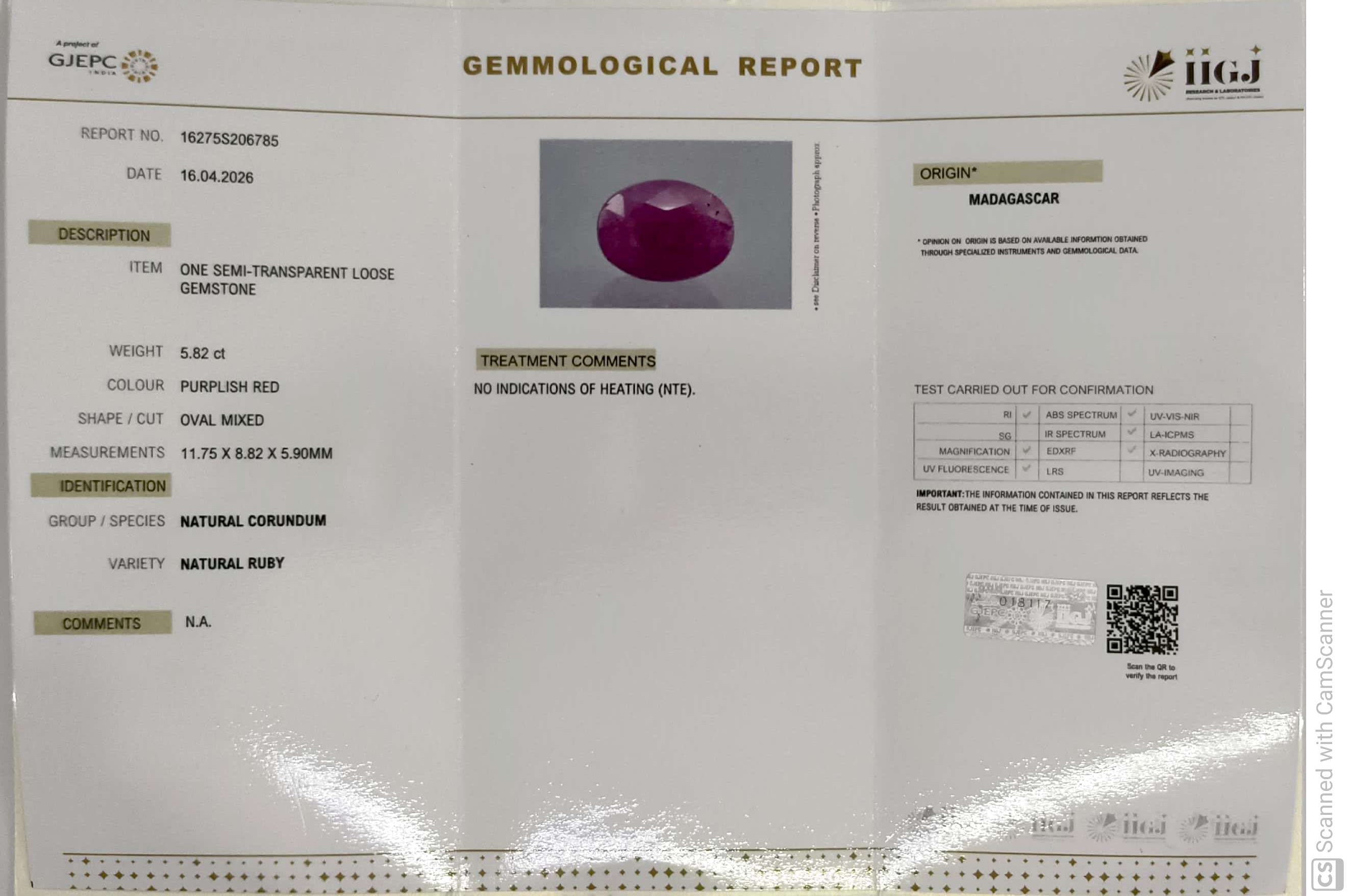 5.82/CT Natural Ruby Stone with Govt. Lab Certificate-16275S206785