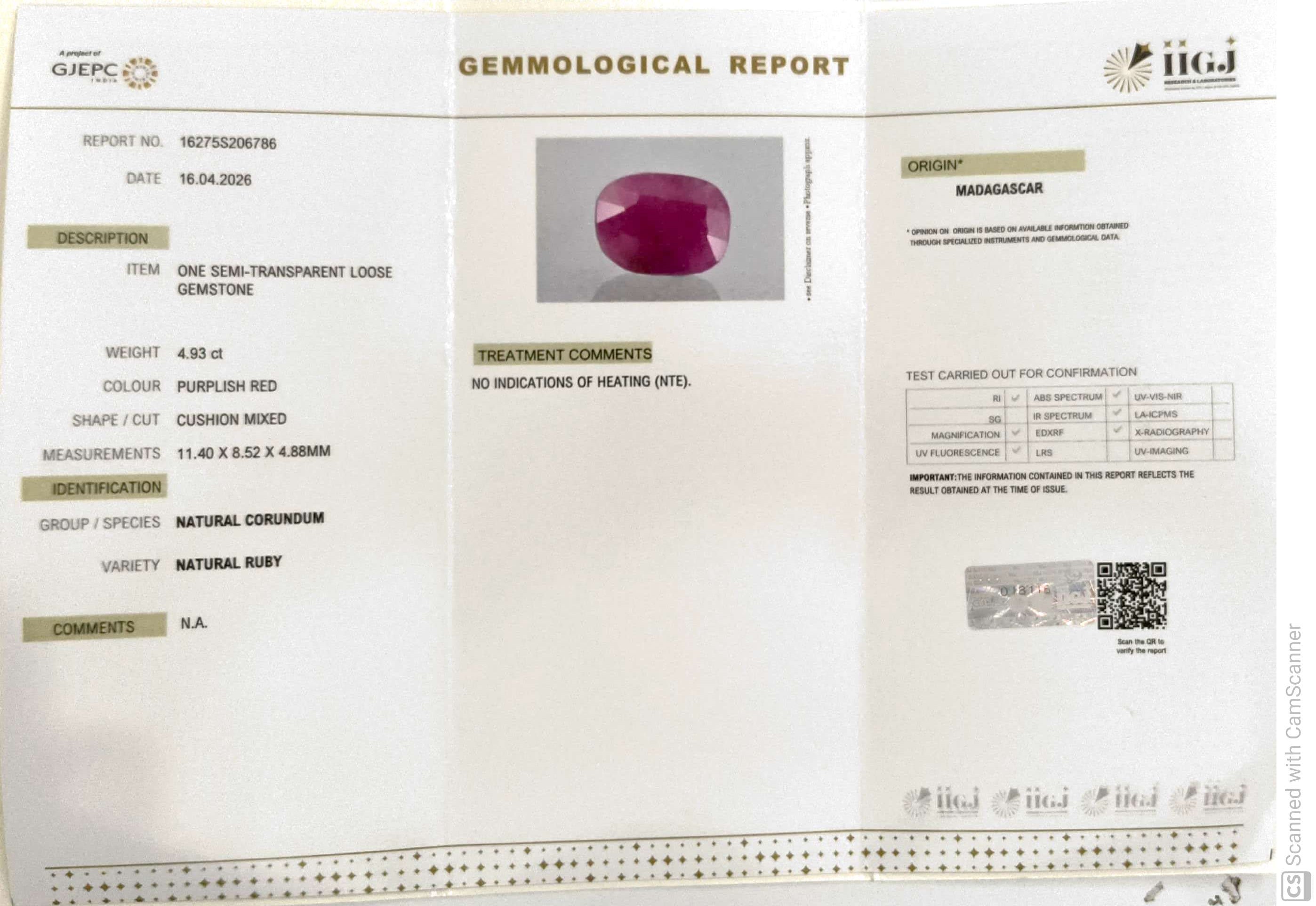 4.93/CT Natural Ruby Stone with Govt. Lab Certificate-16275S206786
