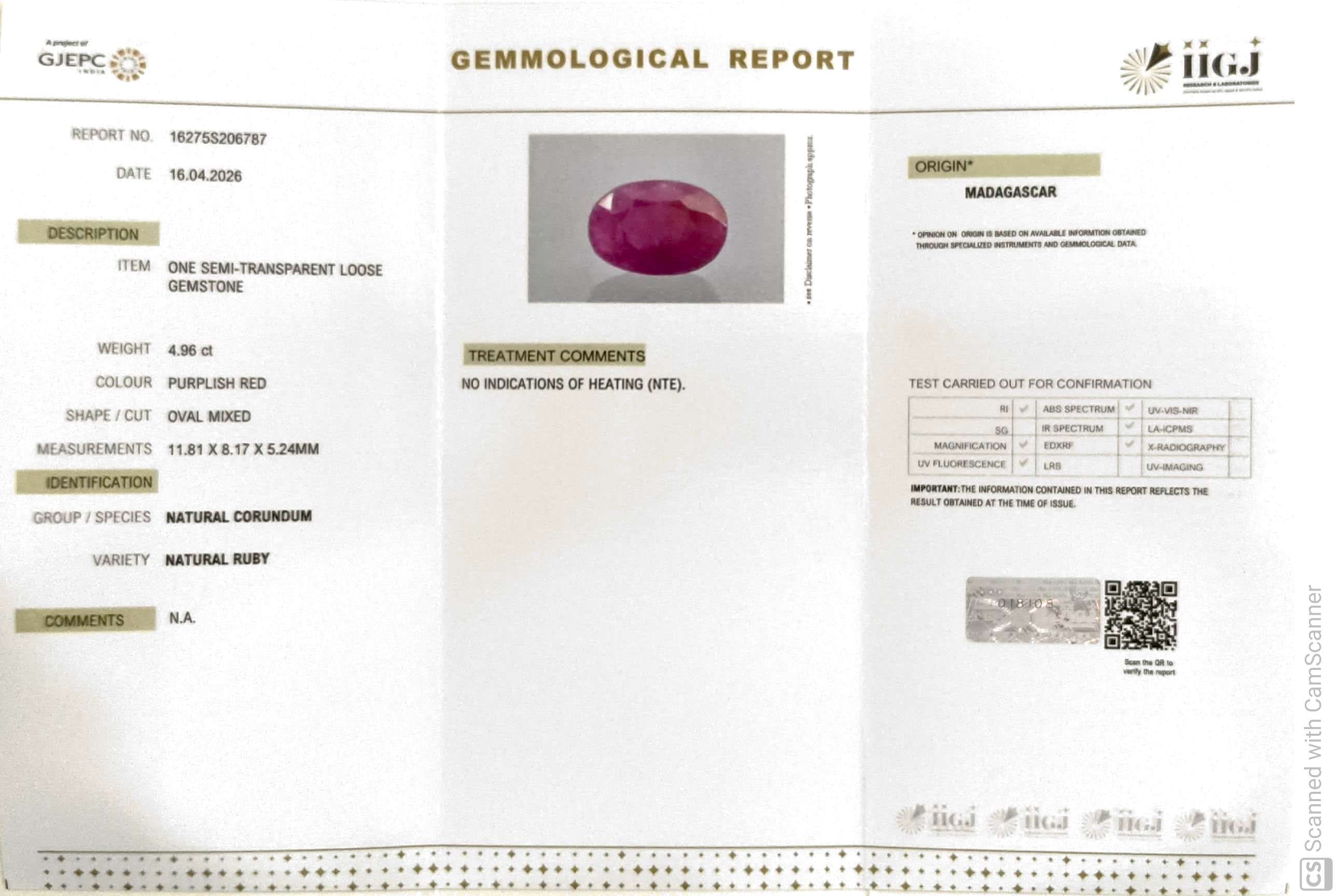 4.96/CT Natural Ruby Stone with Govt. Lab Certificate-16275S206787