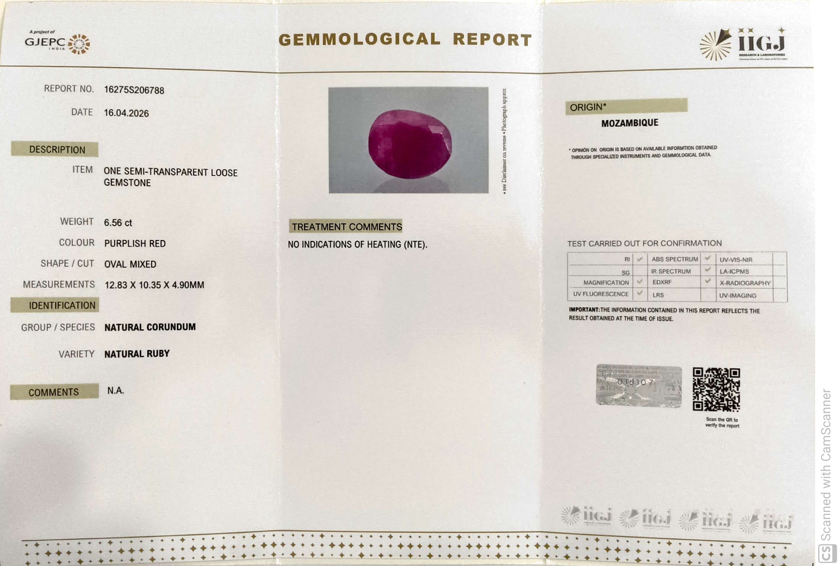 6.56/CT Natural Ruby Stone with Govt. Lab Certificate-16275S206788