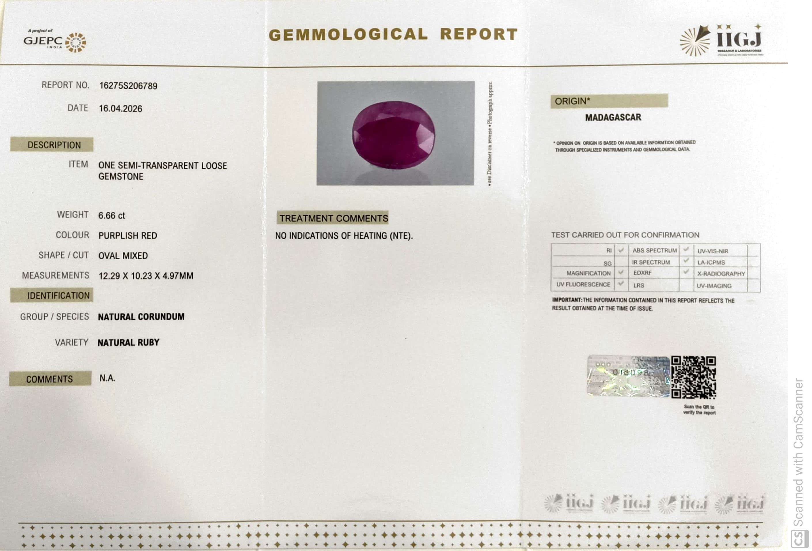 6.66/CT Natural Ruby Stone with Govt. Lab Certificate-16275S206789