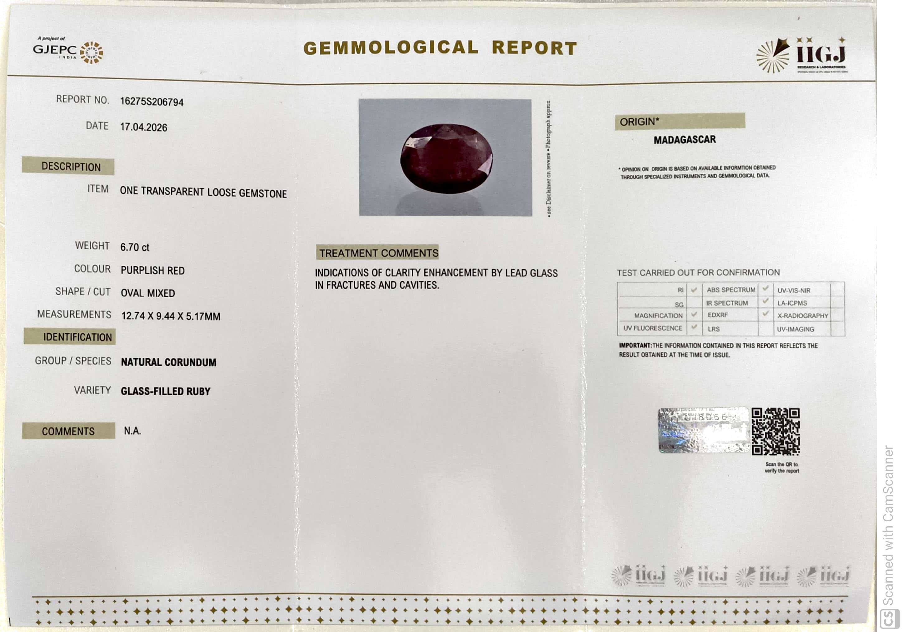 6.7/CT Natural Ruby Stone with Govt. Lab Certificate-16275S206794
