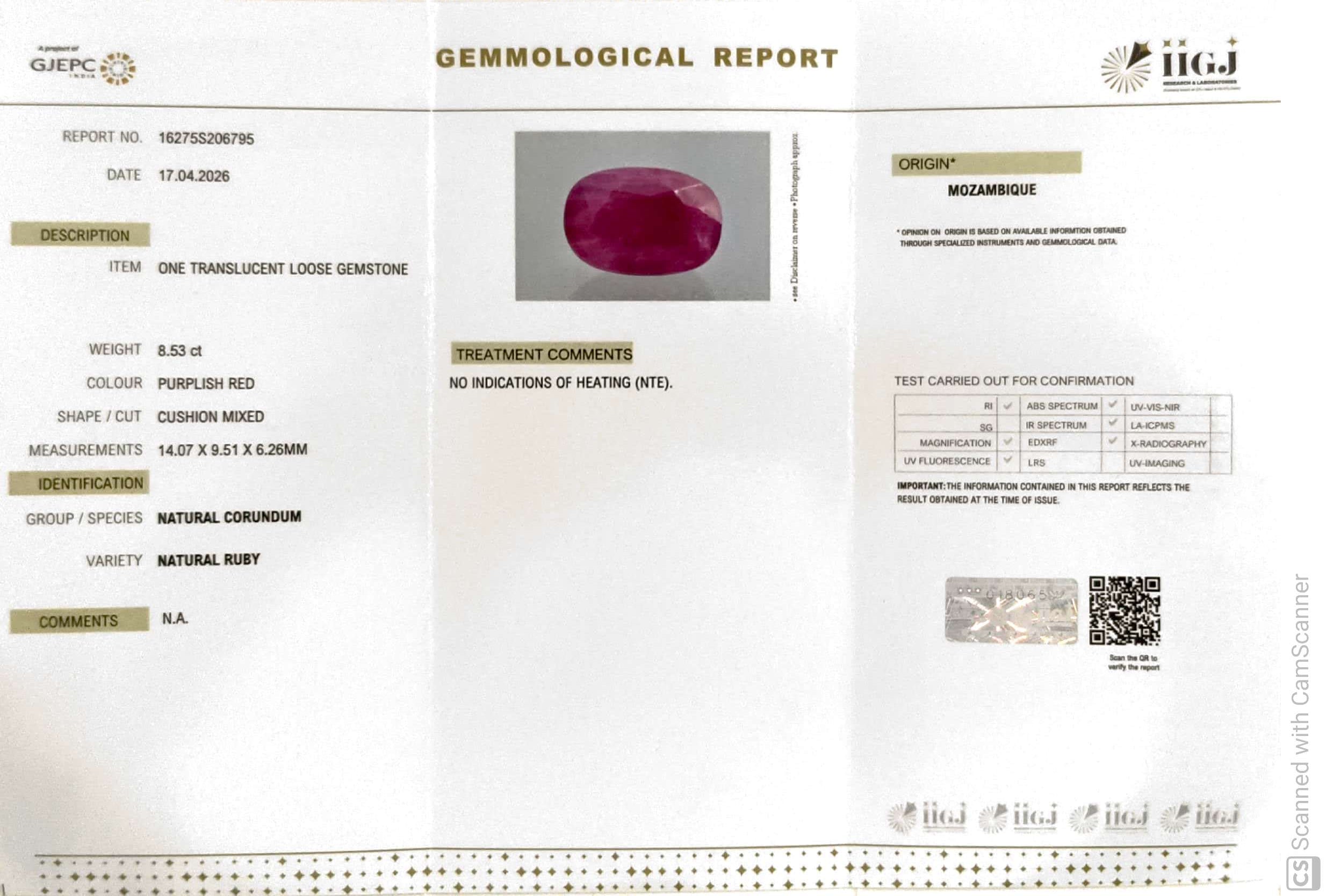 8.53/CT Natural Ruby Stone with Govt. Lab Certificate-16275S206795