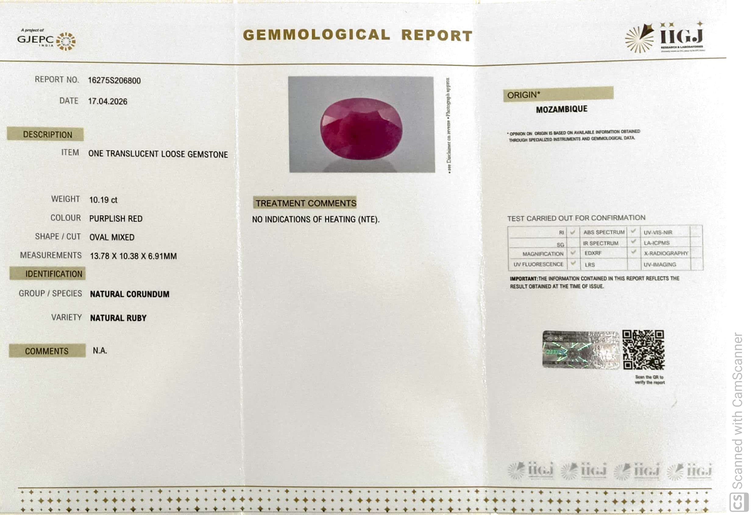 10.19/CT Natural Ruby Stone with Govt. Lab Certificate-16275S206800