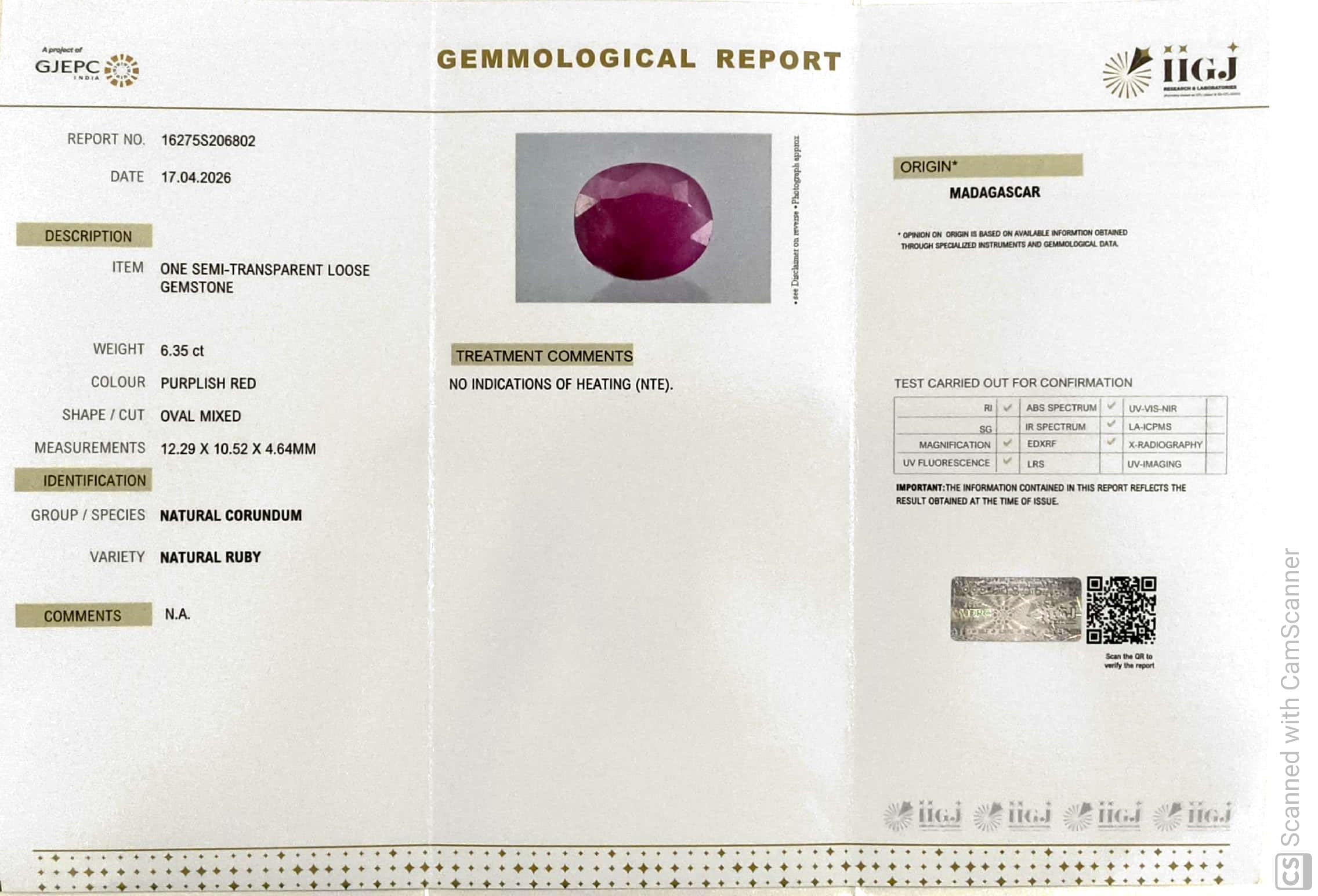 6.35/CT Natural Ruby Stone with Govt. Lab Certificate-16275S206802