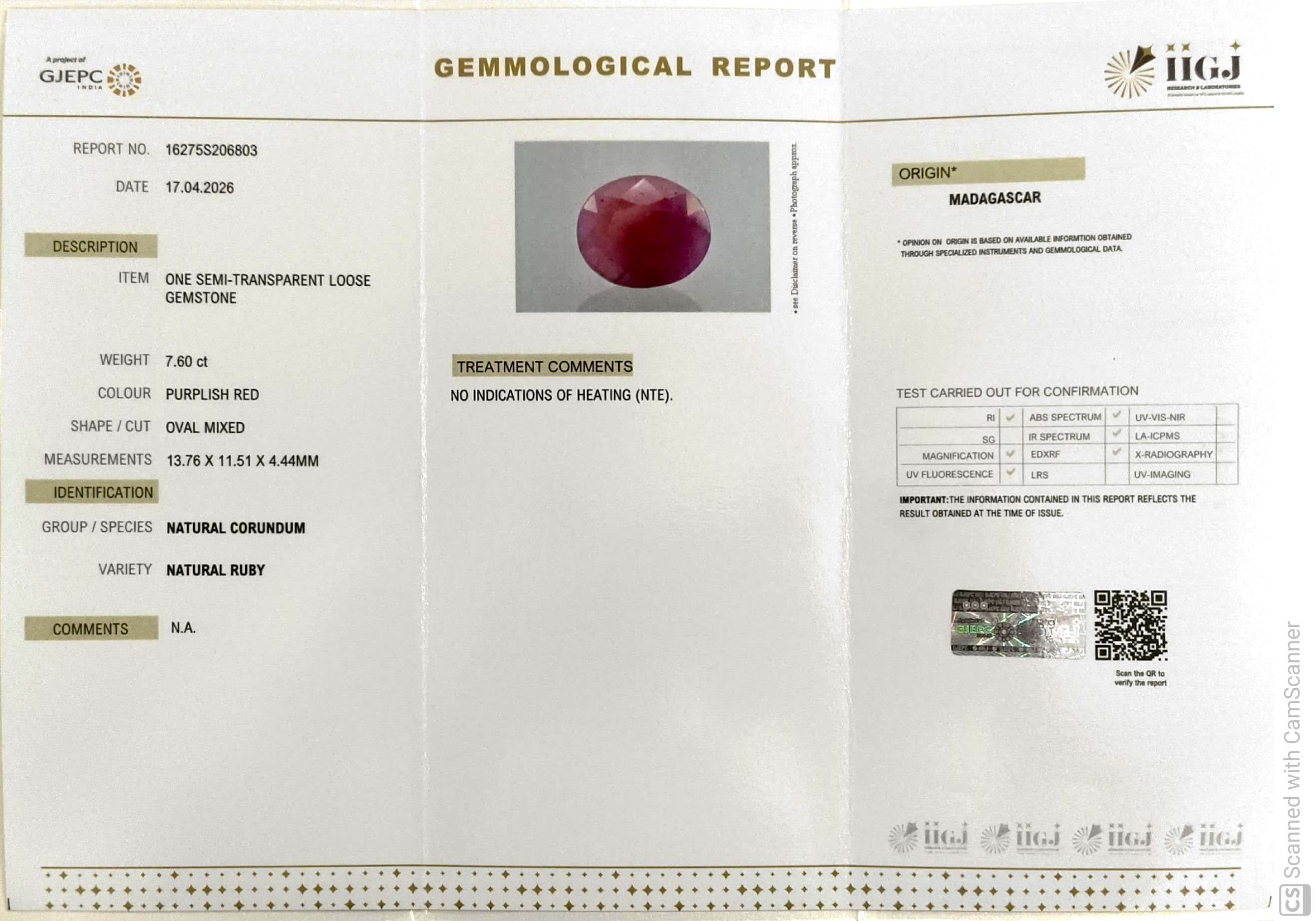 7.6/CT Natural Ruby Stone with Govt. Lab Certificate-16275S206803