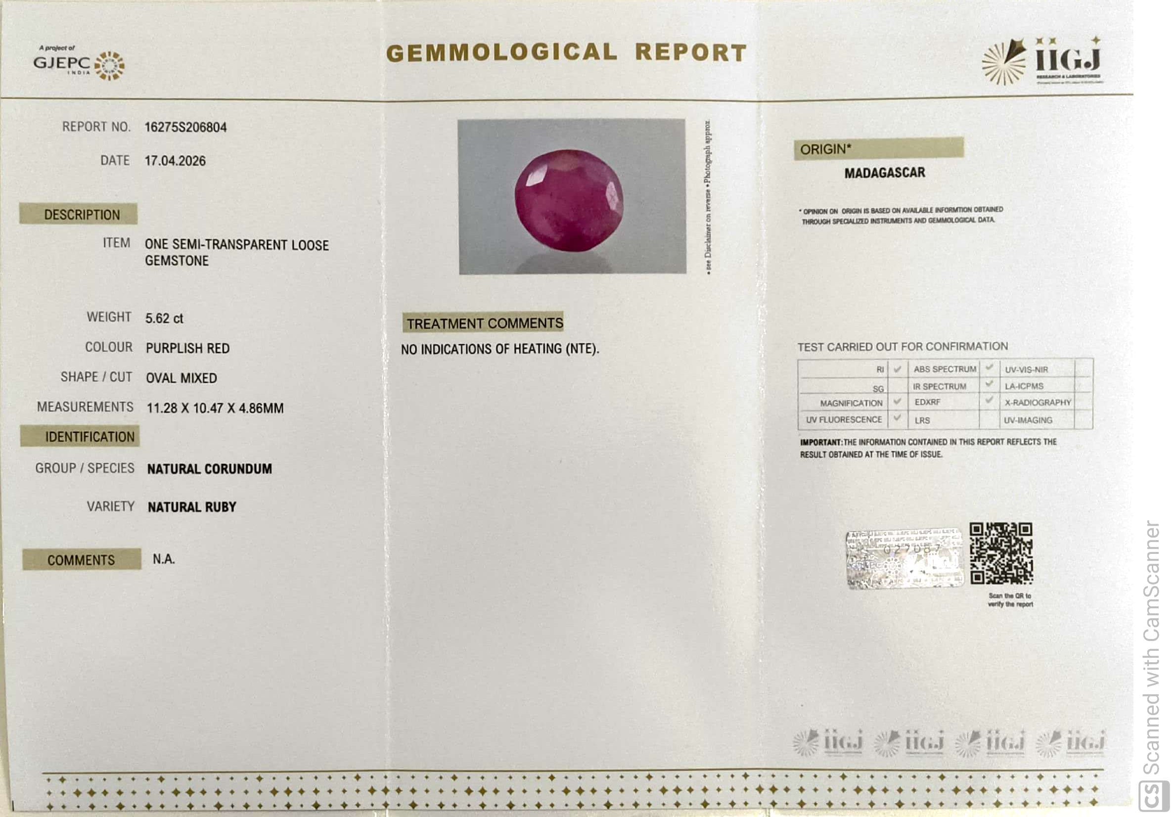 5.62/CT Natural Ruby Stone with Govt. Lab Certificate-16275S206804