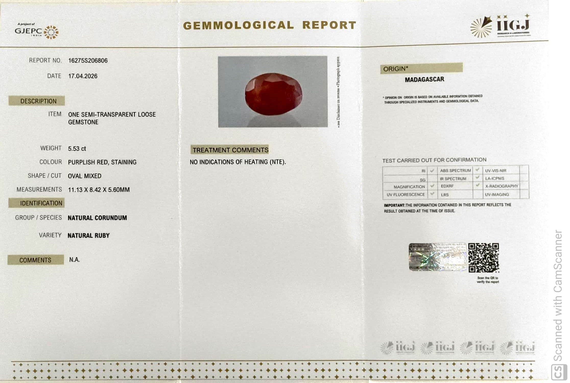 5.53/CT Natural Ruby Stone with Govt. Lab Certificate-16275S206806