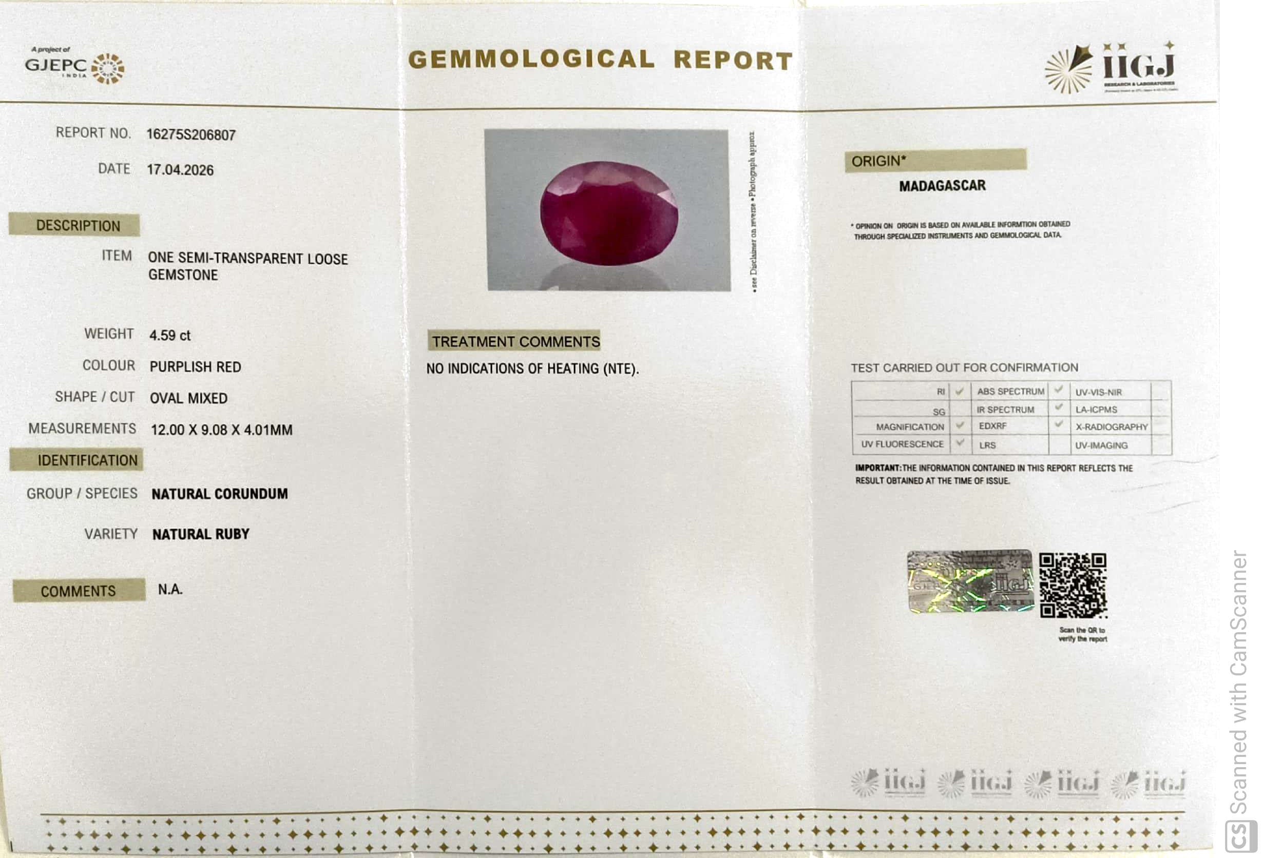 4.59/CT Natural Ruby Stone with Govt. Lab Certificate-16275S206807