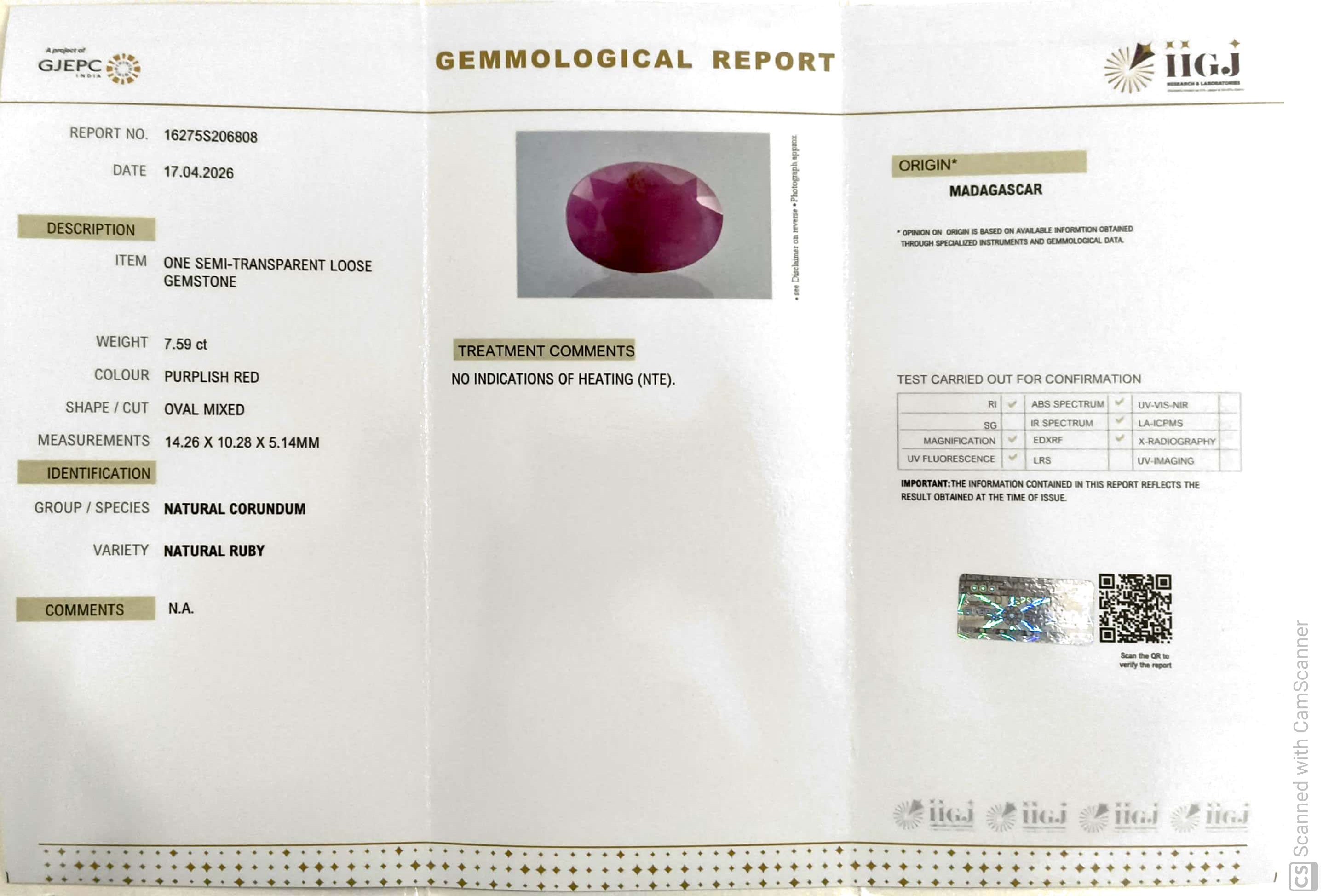 7.59/CT Natural Ruby Stone with Govt. Lab Certificate-16275S206808