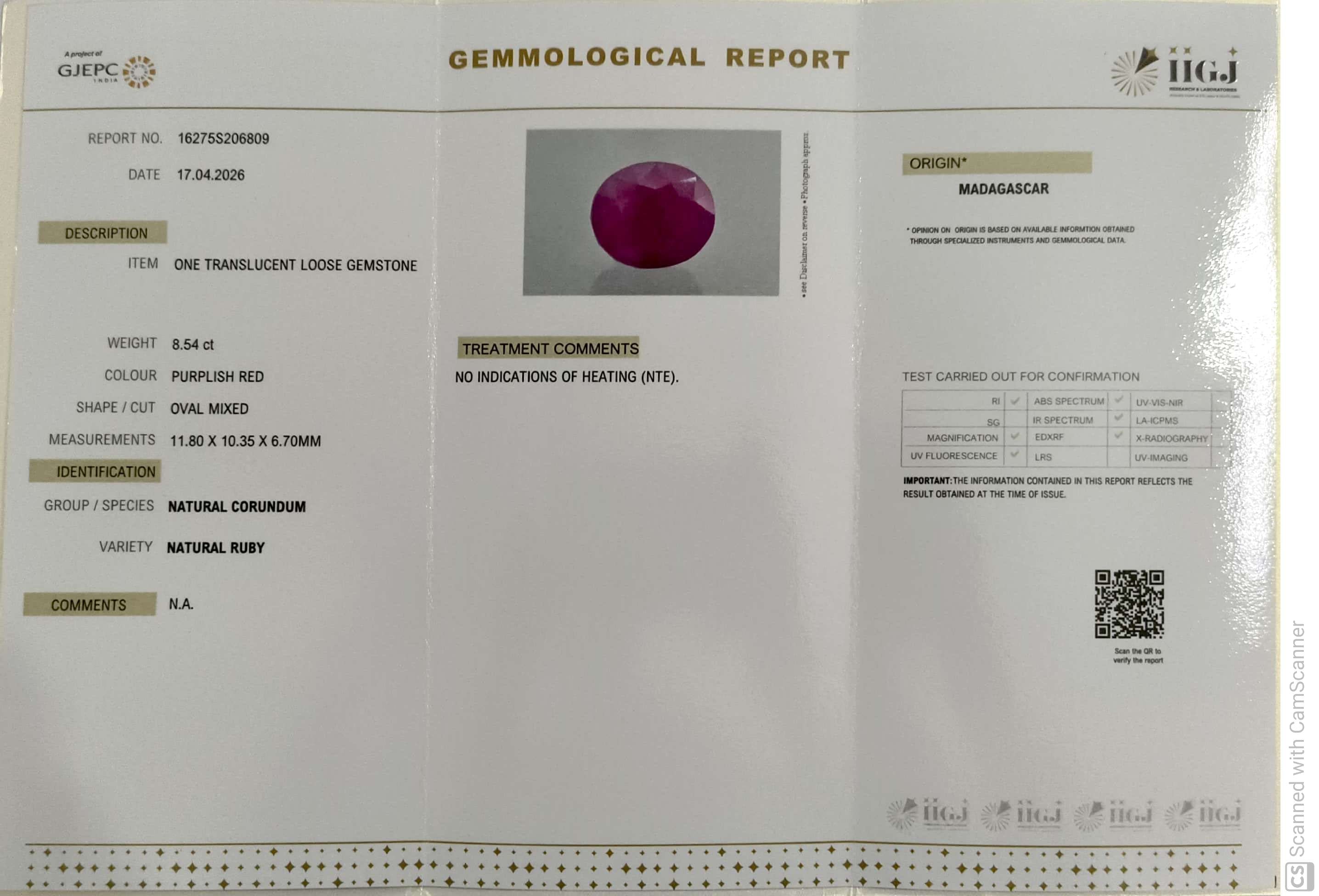 8.54/CT Natural Ruby Stone with Govt. Lab Certificate-16275S206809