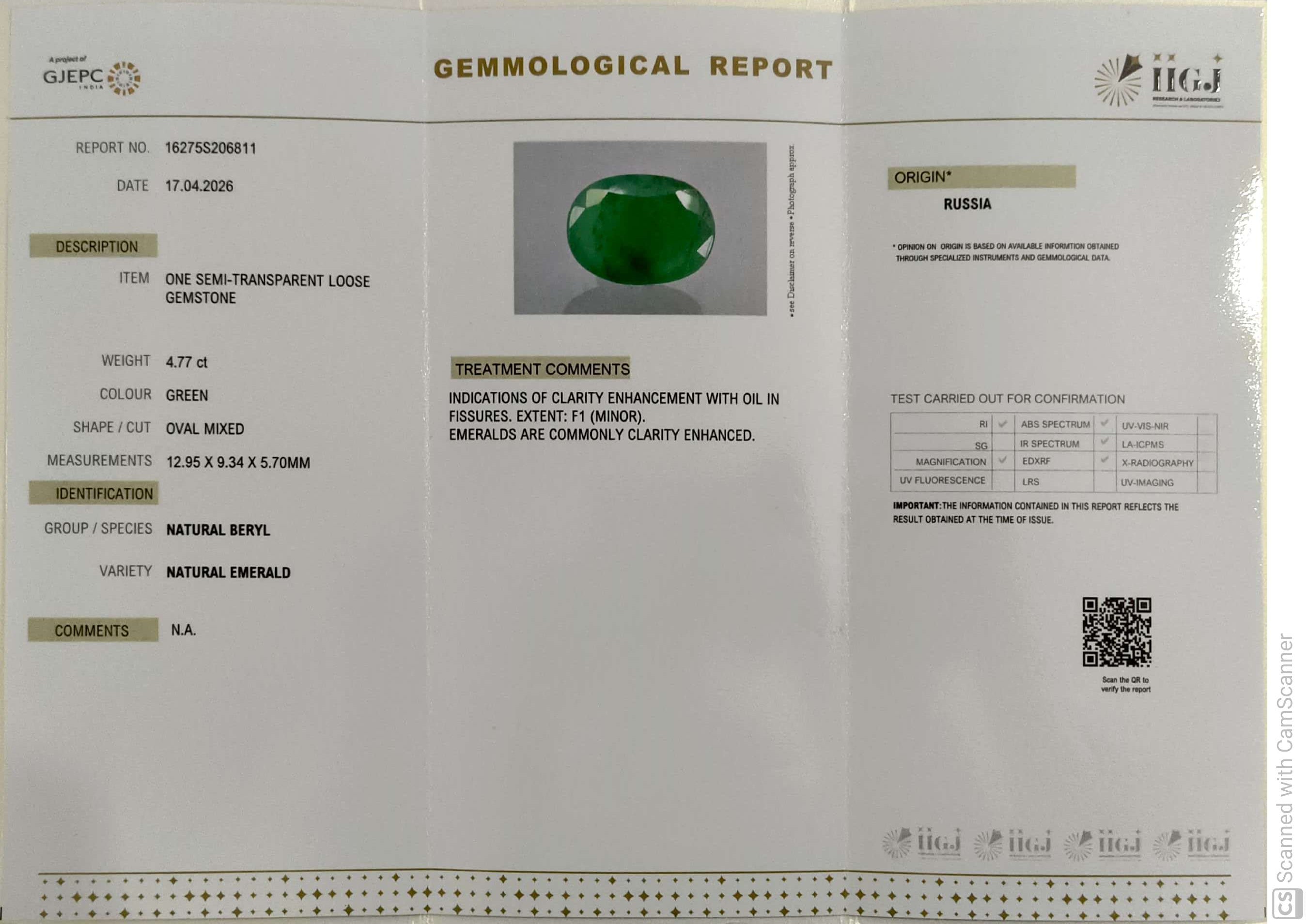 4.77/CT Natural Panna Stone with Govt. Lab Certificate-16275S206811