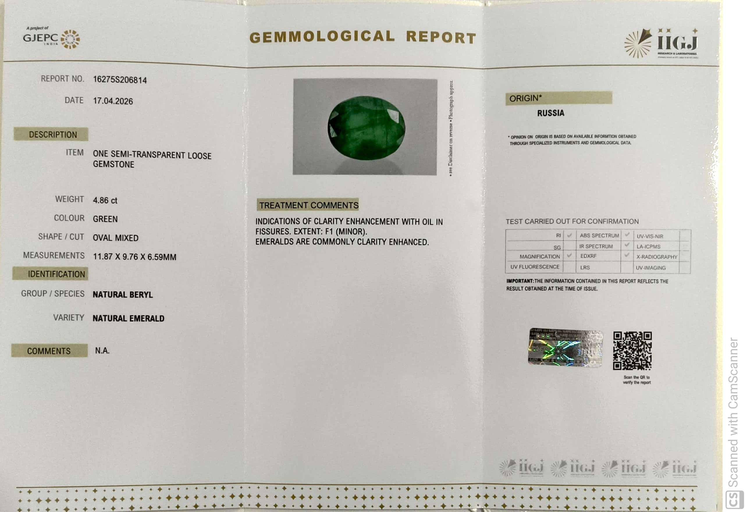4.86/CT Natural Panna Stone with Govt. Lab Certificate-16275S206814