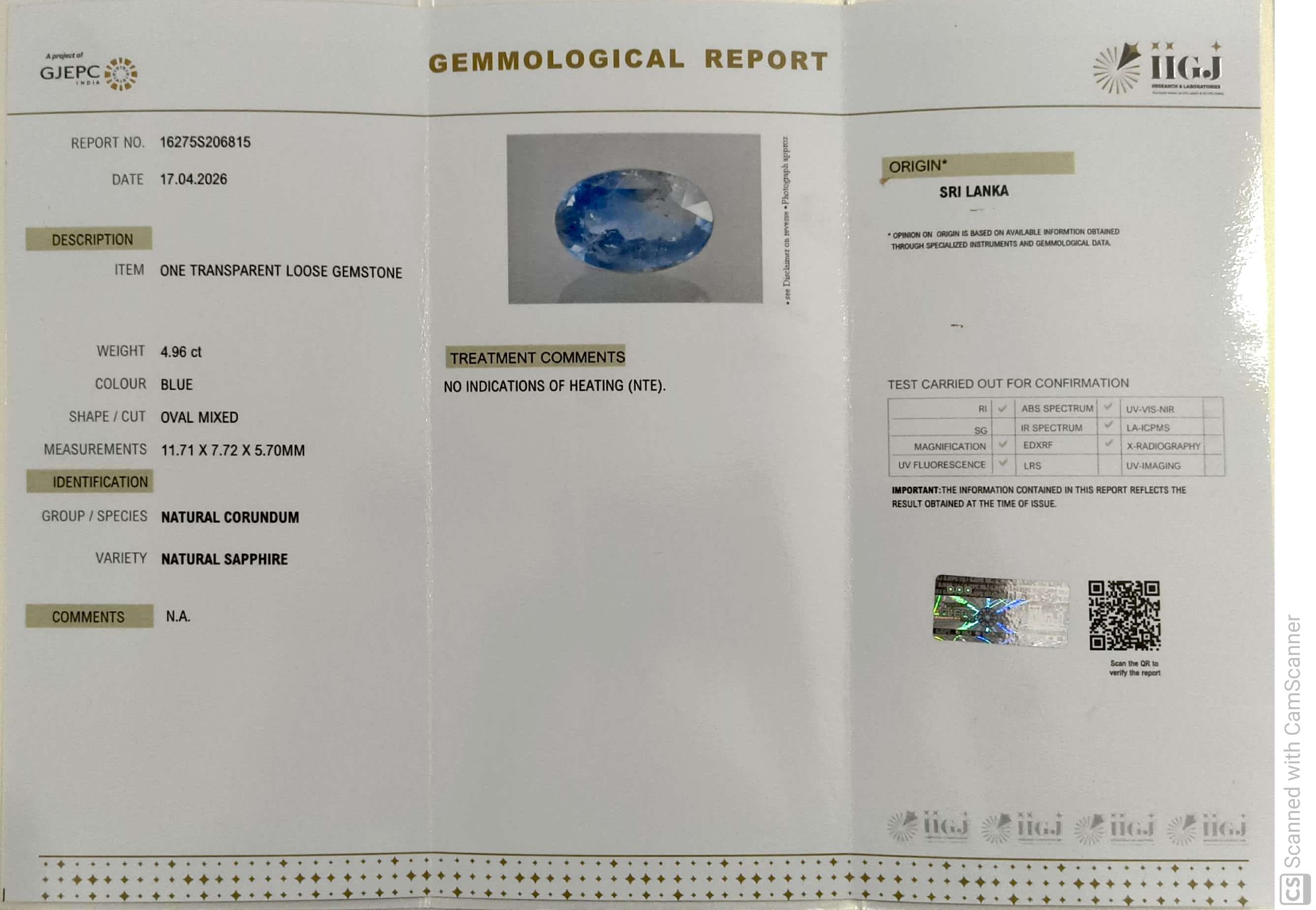 4.96/CT Natural Blue Sapphire with Govt Lab Certificate-16275S206815