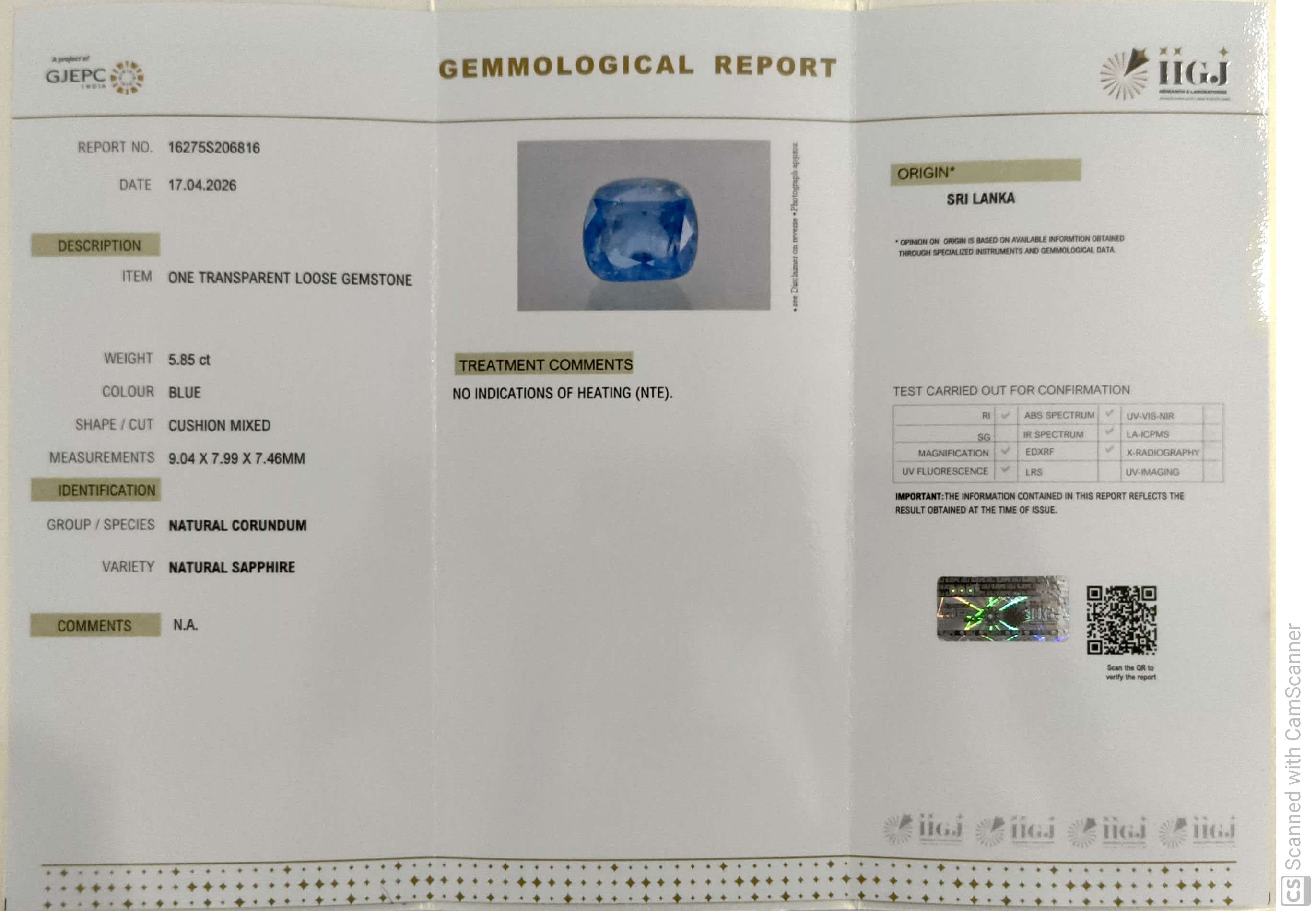 5.85/CT Natural Blue Sapphire with Govt Lab Certificate-16275S206816