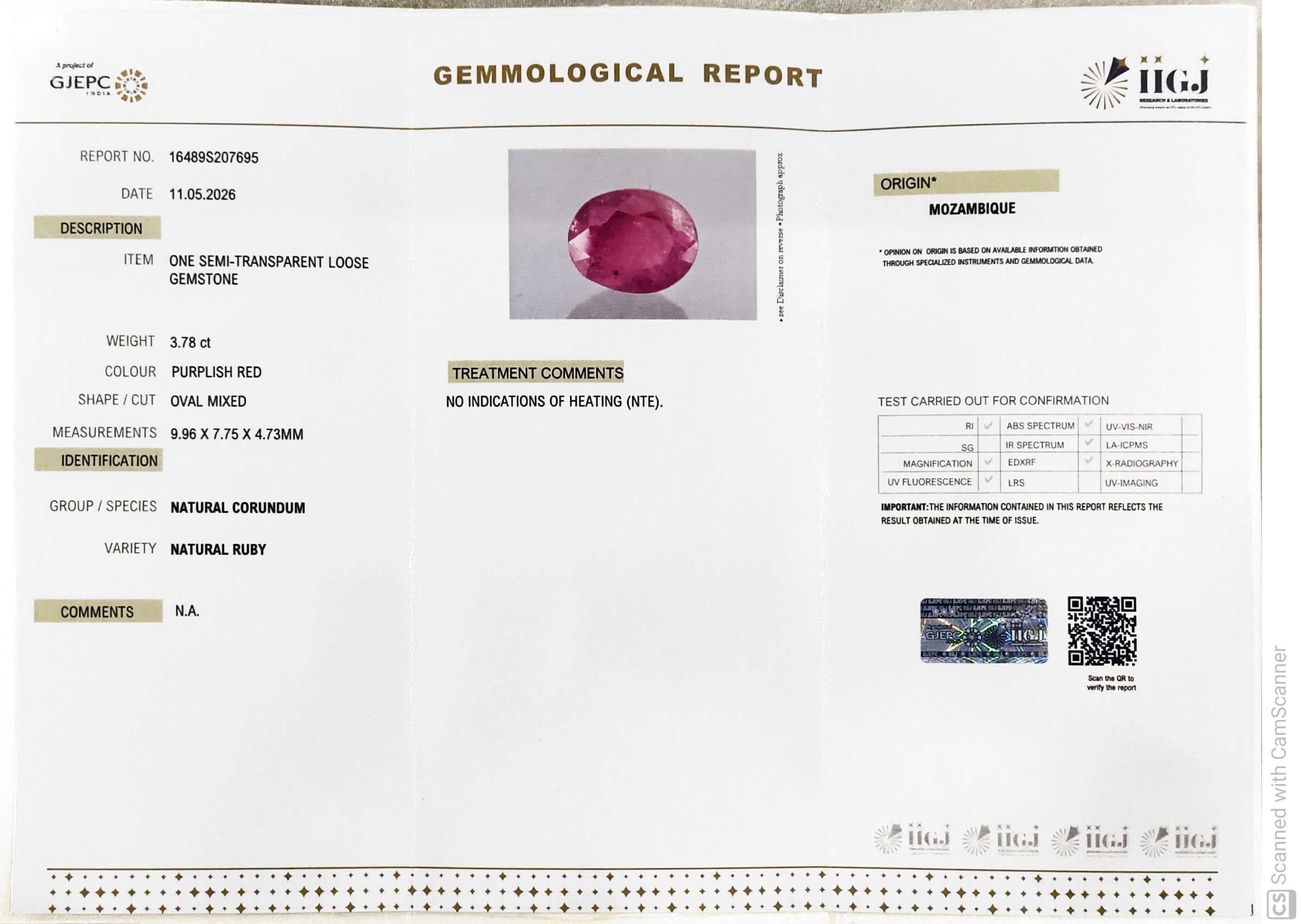 3.78/CT Natural Ruby Stone with Govt. Lab Certificate-16489S207695