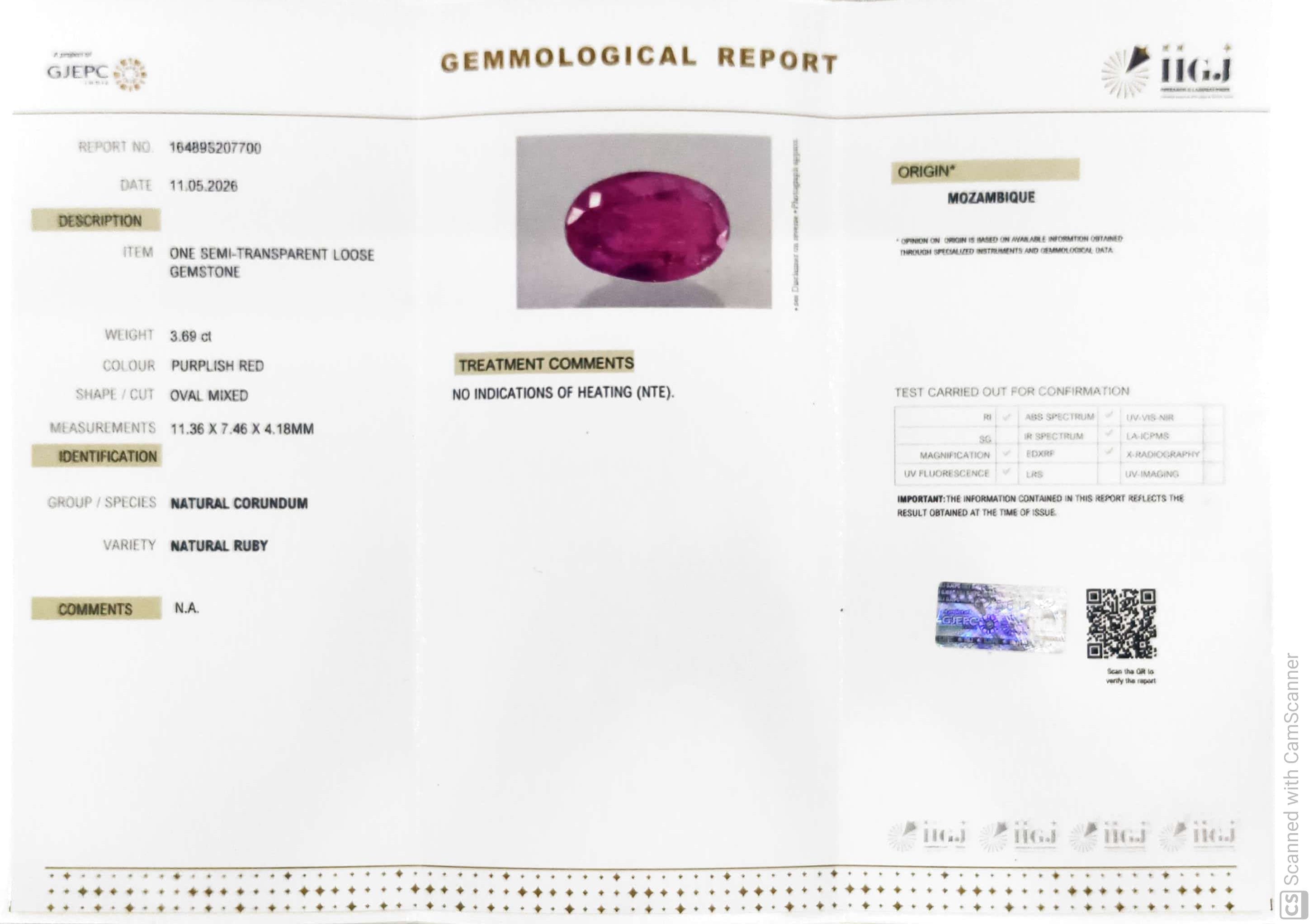 3.69/CT Natural Ruby Stone with Govt. Lab Certificate-16489S207700