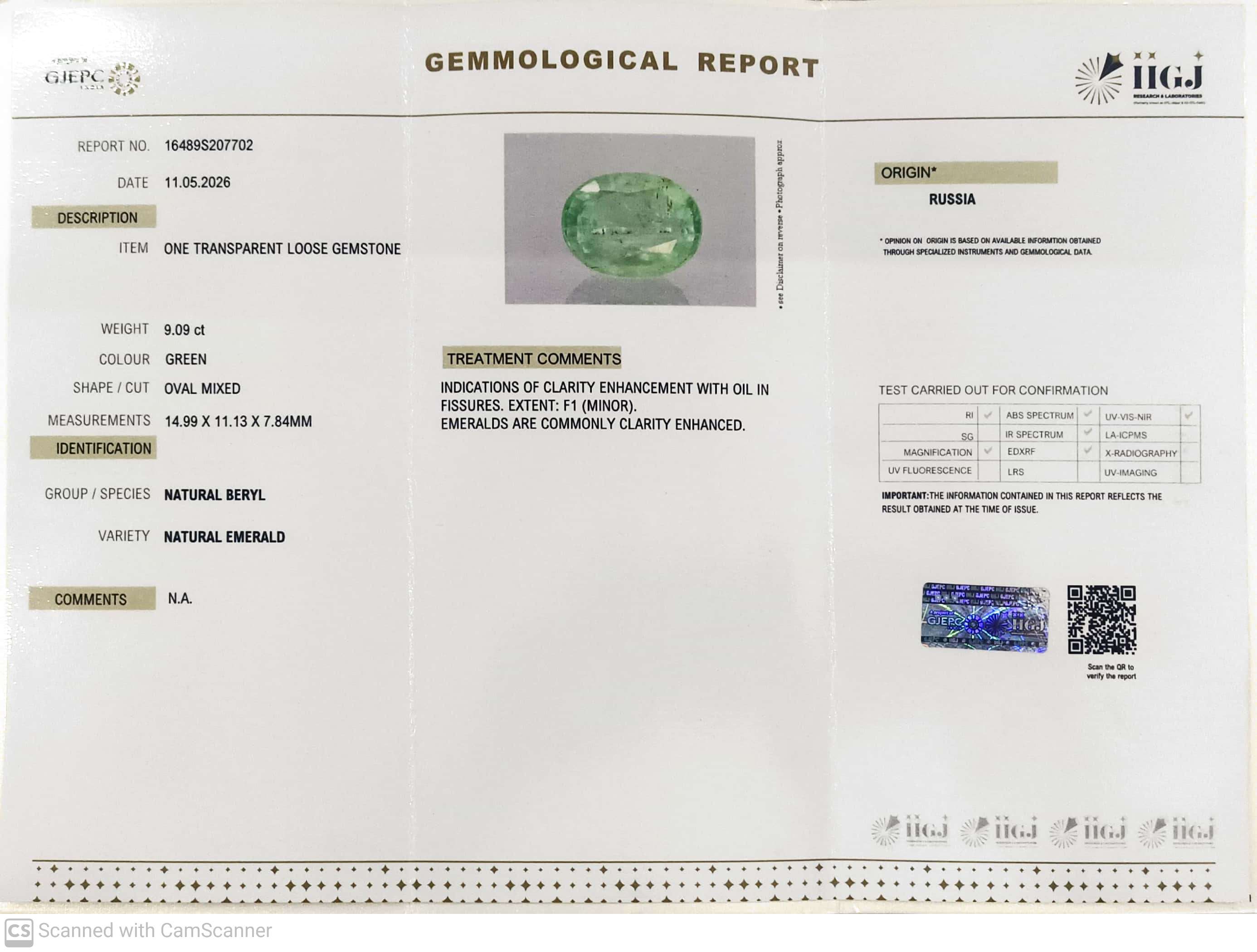 9.09/CT Natural Panna Stone with Govt. Lab Certificate-16489S207702