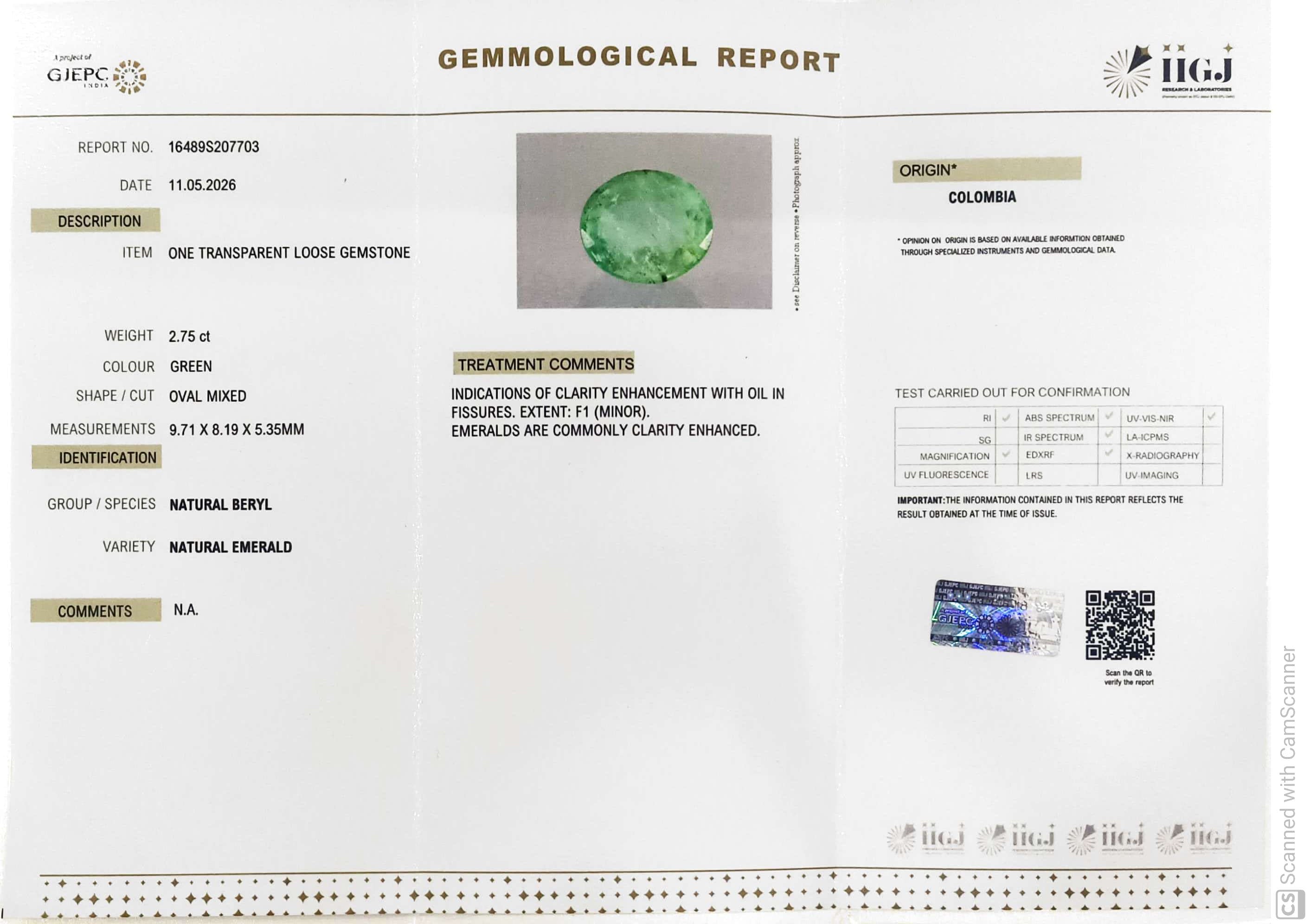 2.75/CT Natural Panna Stone with Govt. Lab Certificate-16489S207703