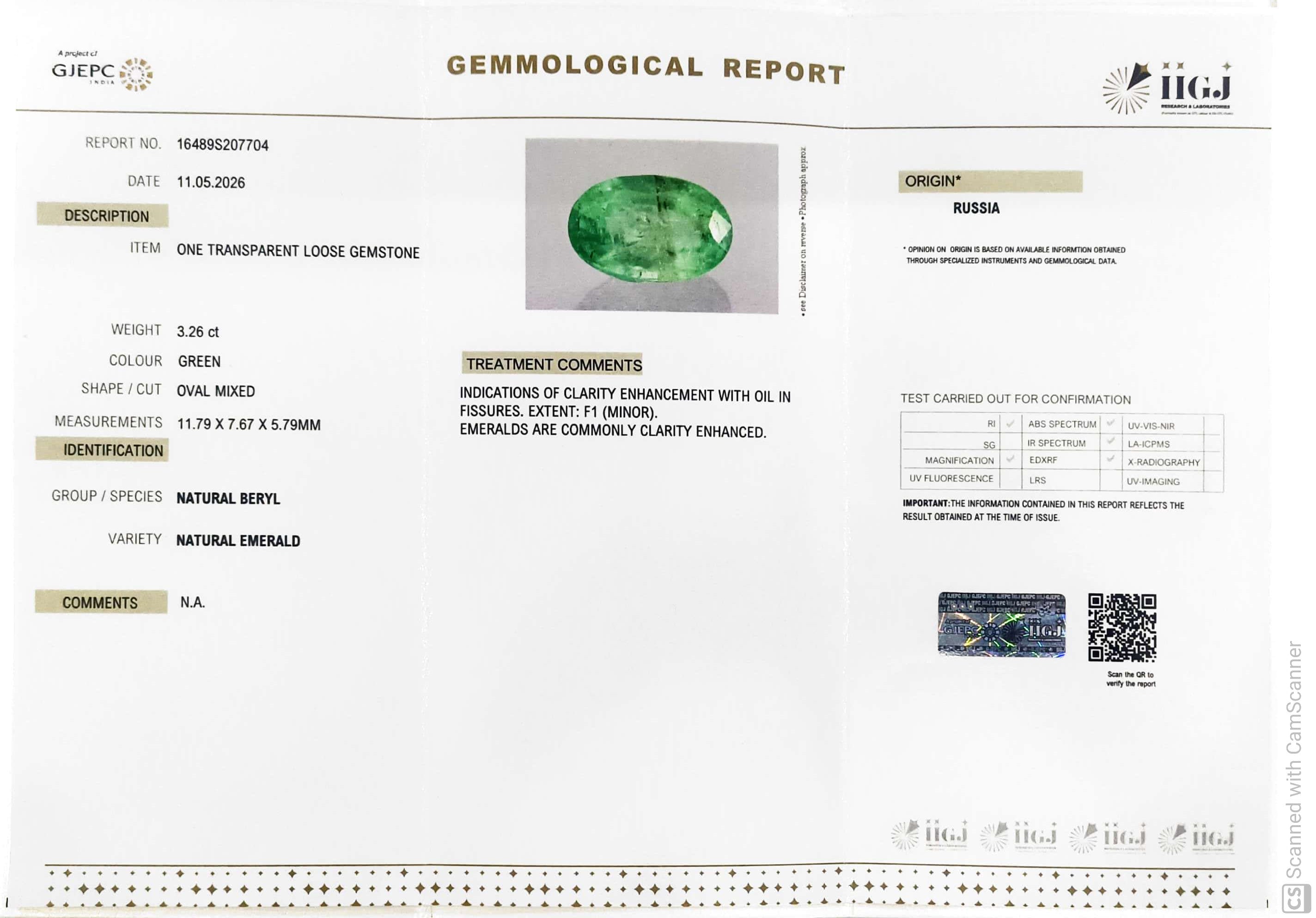 3.26/CT Natural Panna Stone with Govt. Lab Certificate-16489S207704