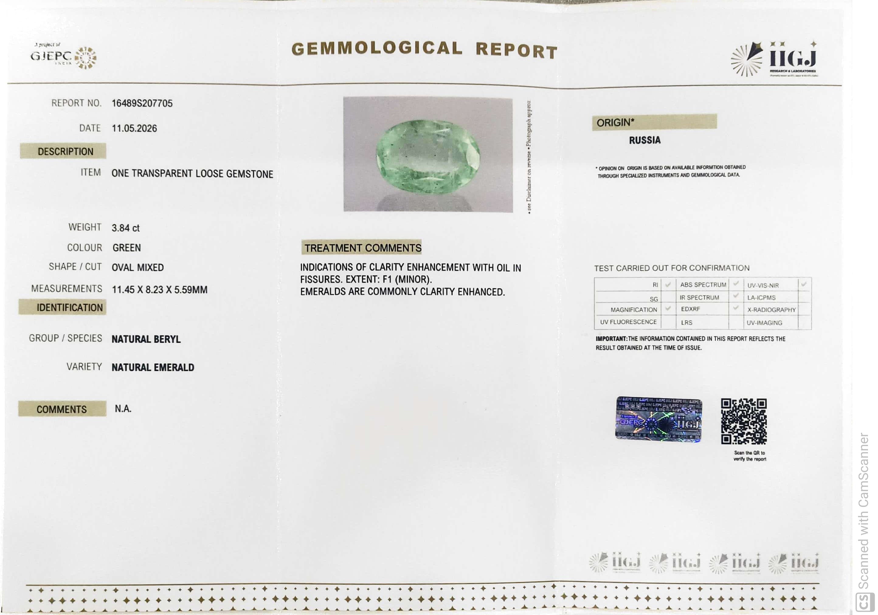 3.84/CT Natural Panna Stone with Govt. Lab Certificate-16489S207705